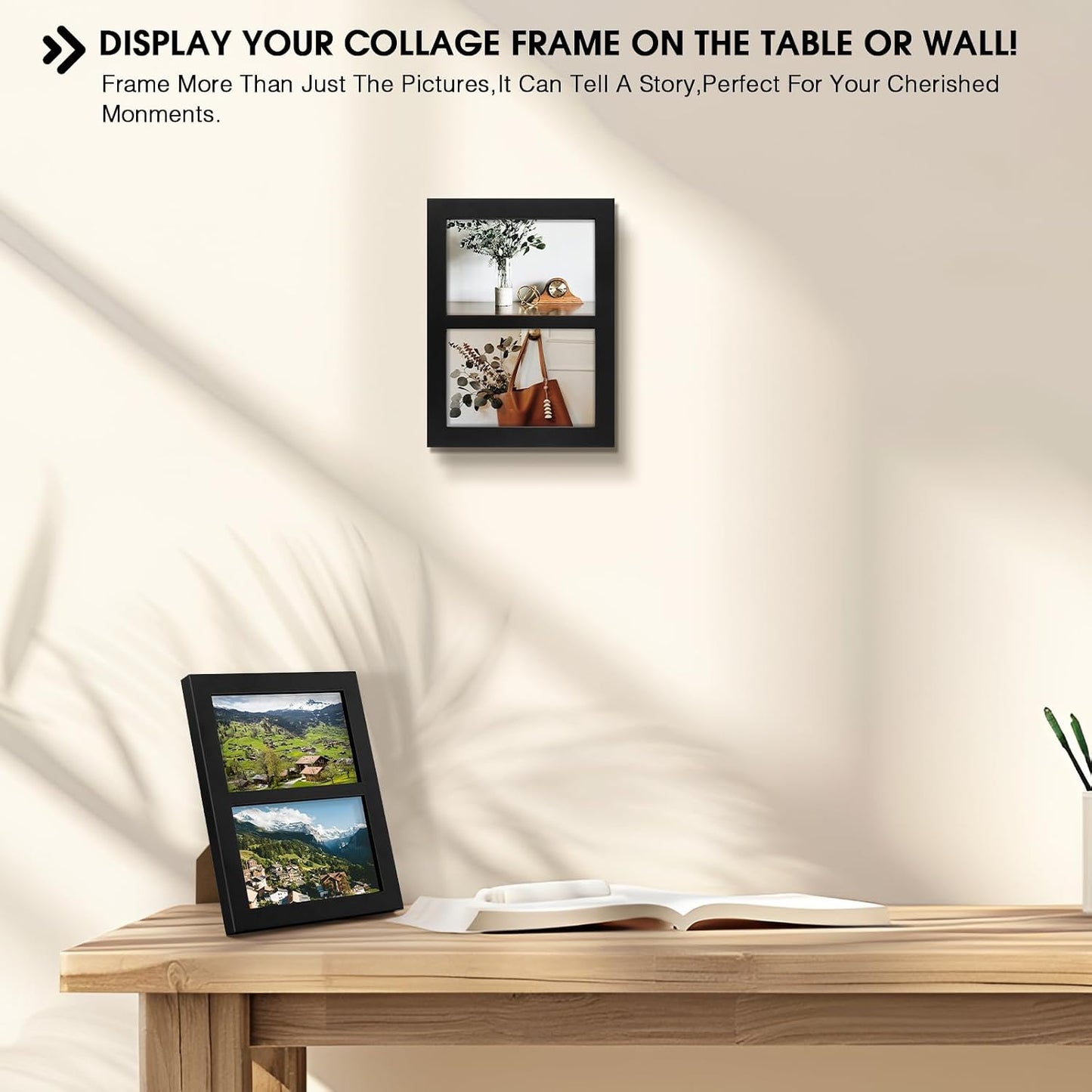 Golden State Art, 4x6 Double Picture Frame, Display Two 4x6 Photos(Black) | Solid Wood- Real Glass For Tabletop Or Wall
