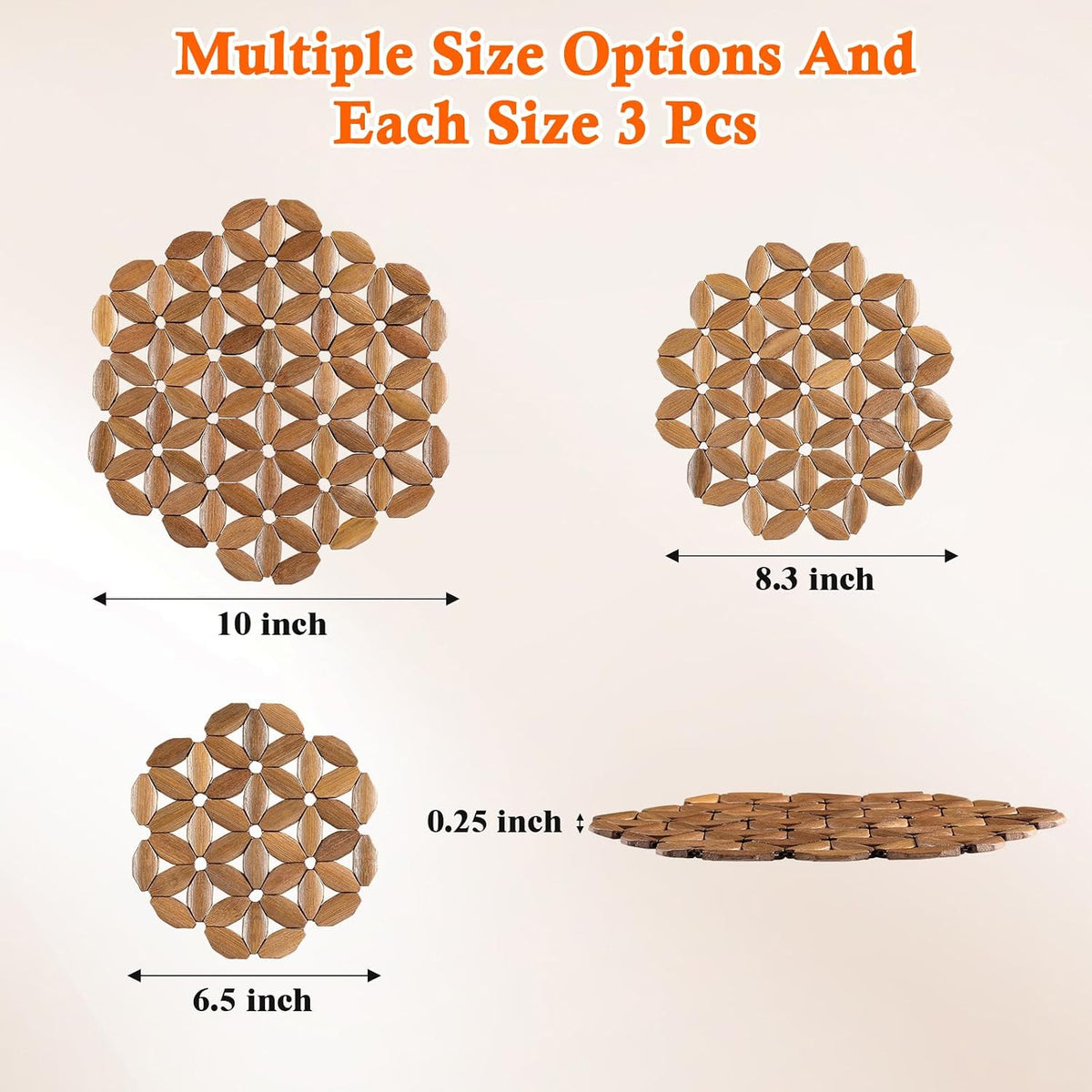 9 Pack Bamboo Trivet Mat for Hot Dishes, 6.5/8.3/10 Inch Heat Resistant Hot Pads Trivets, Hot Pad to Protect Your Table