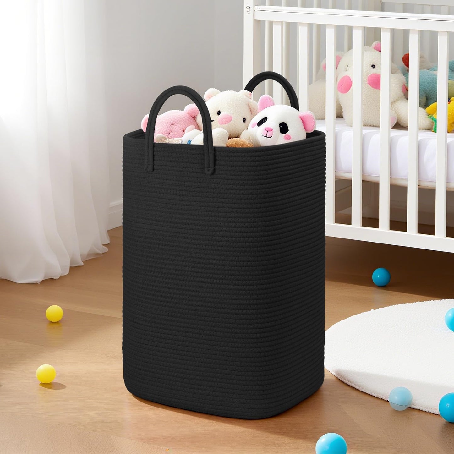 Laundry Basket / Woven Cotton Rope Laundry Hamper / 60L / Darkblack
