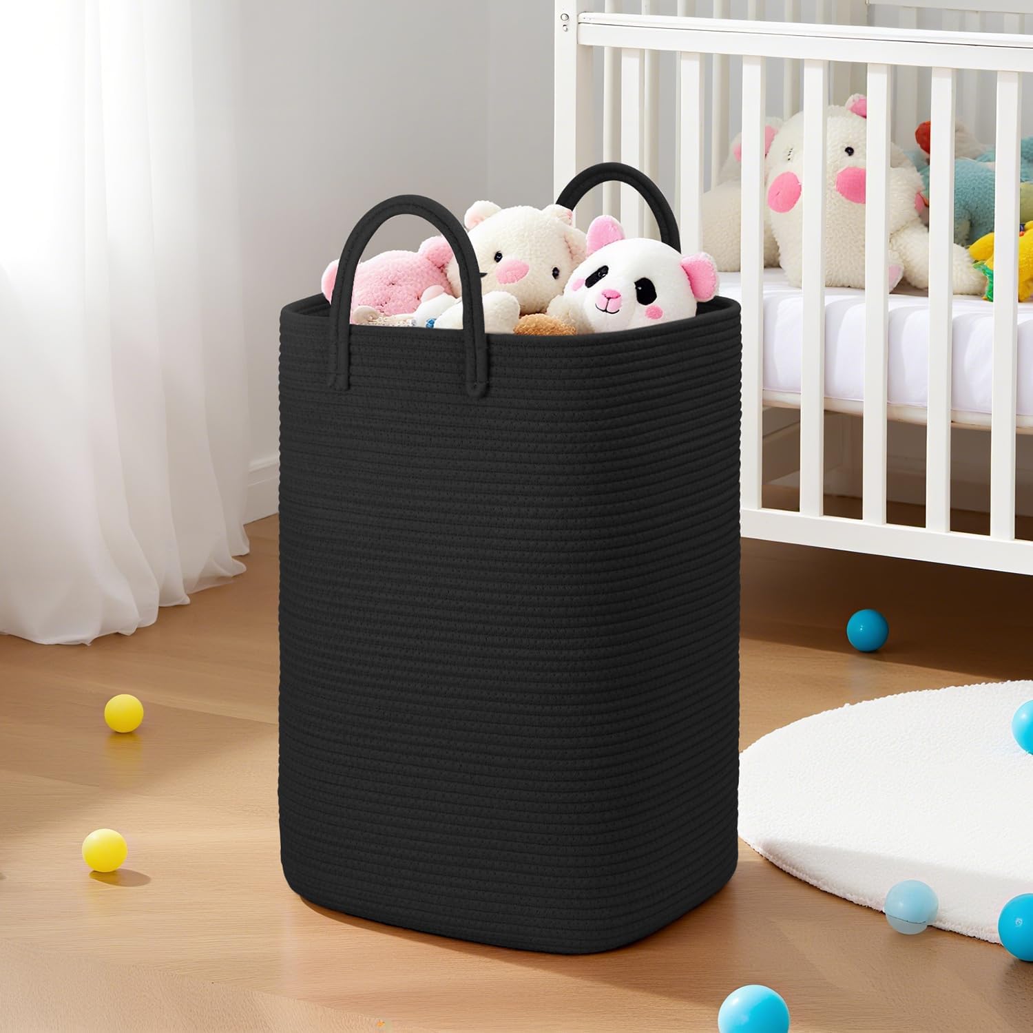 Laundry Basket / Woven Cotton Rope Laundry Hamper / 60L / Darkblack