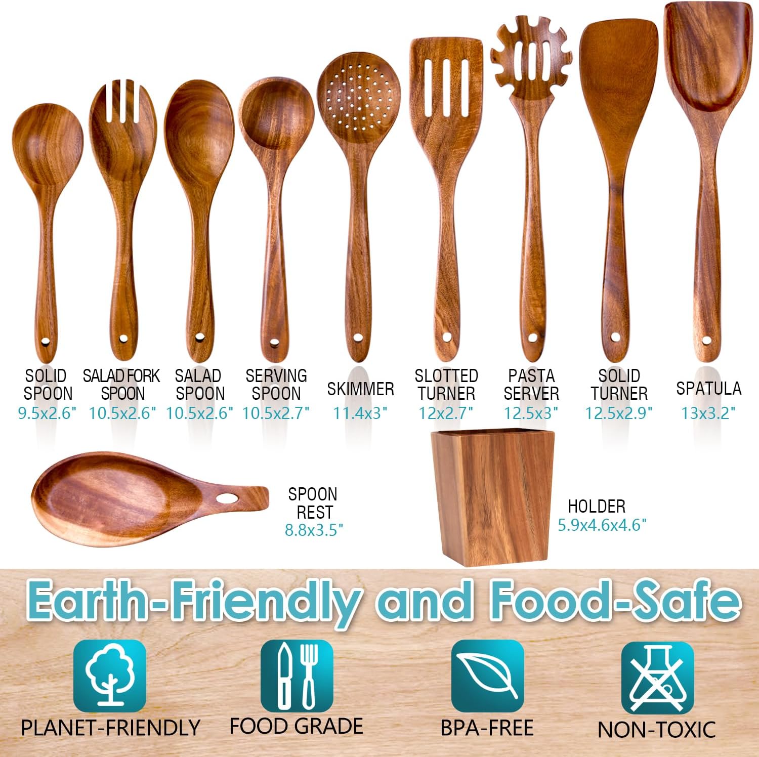 HOWHONG Wooden Spoons for Cooking, 11-Piece Wooden Utensil Set with Holder | Acacia Wood, Wooden Cooking Utensils