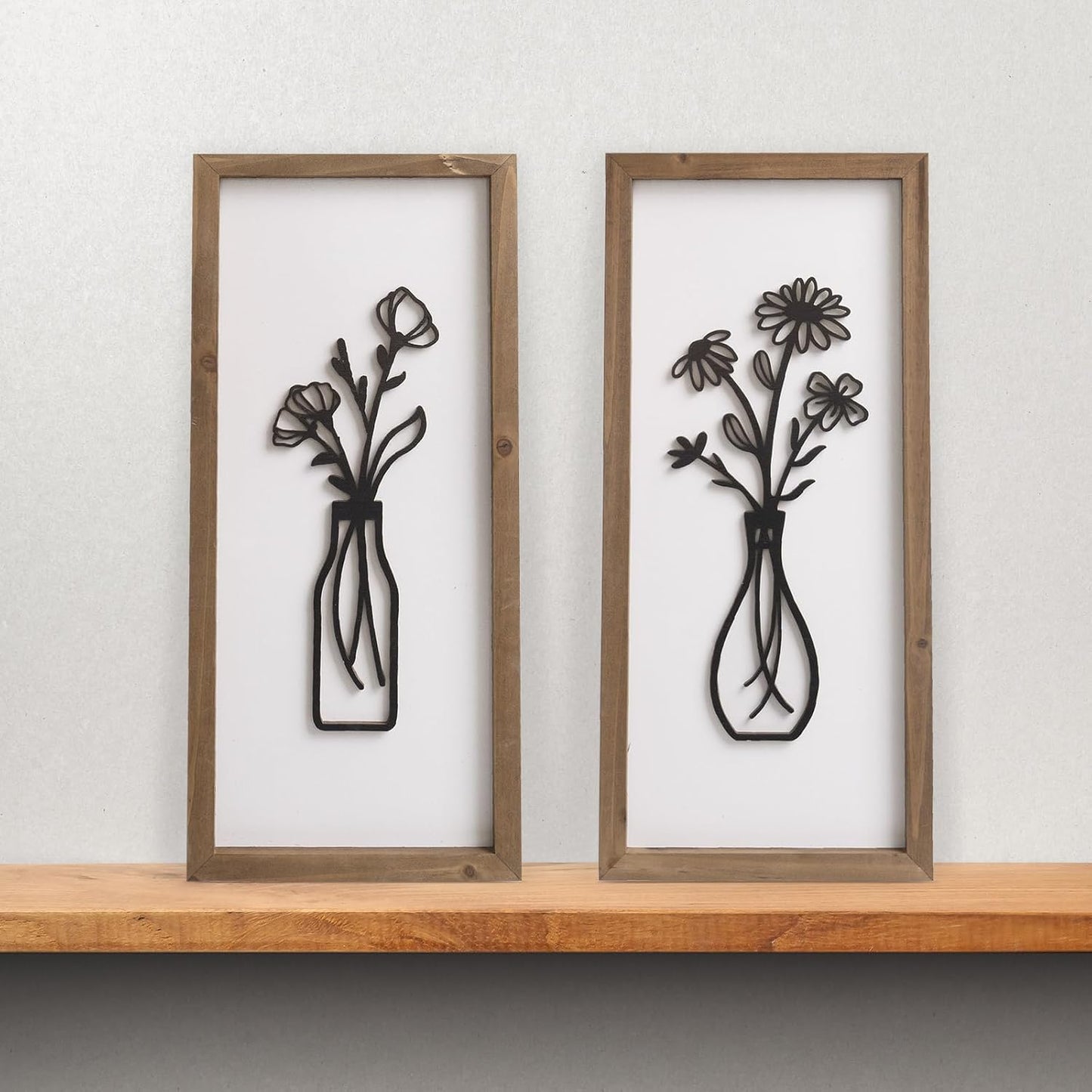 3D Wooden Flower Wall Art / White-black / 15.7 x 7.1 / Set of 2