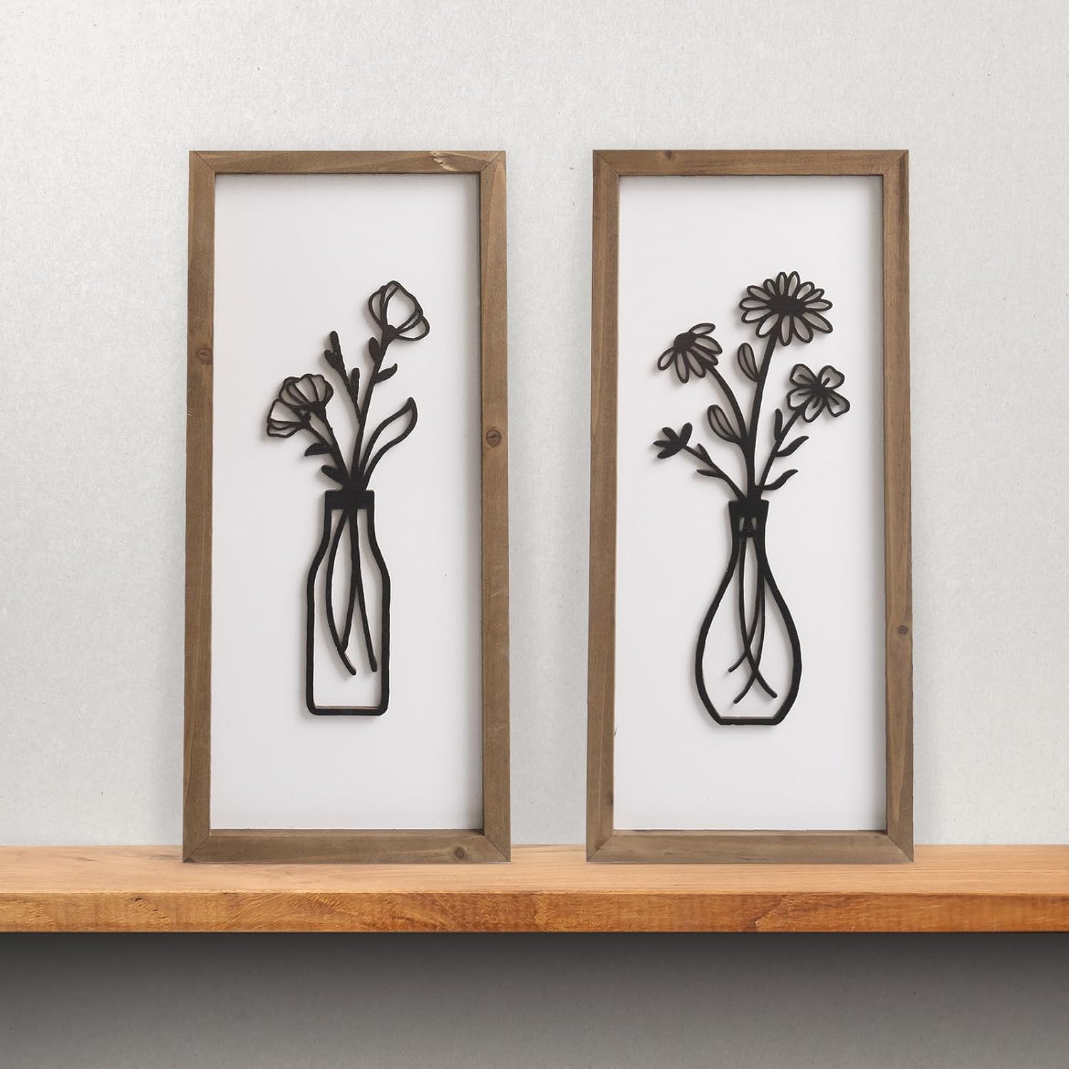 3D Wooden Flower Wall Art / White-black / 15.7 x 7.1 / Set of 2