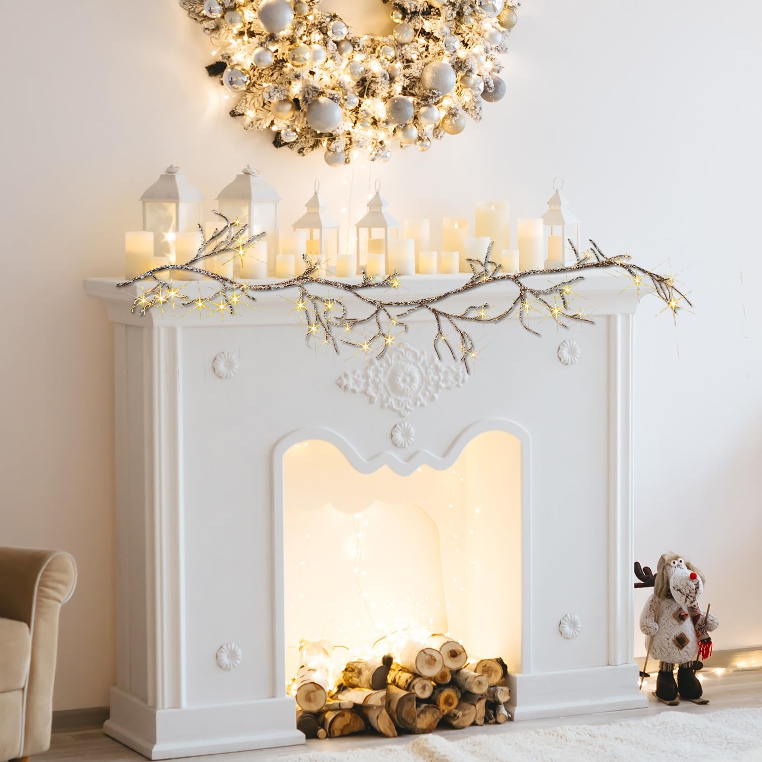 Fudios Lighted Iced Garland with Timer 48 LED Fairy Lights 6ft Battery or USB Plug for Mantle Decor, Lit Christmas
