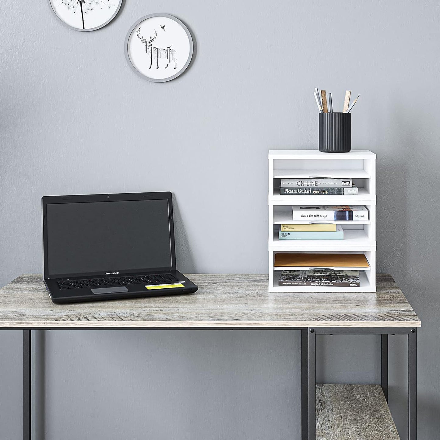 Ballucci File Organizer, 2-Tier Document Paper Sorter, Stackable Wood Desk Organizer Mail Holder, Monitor Stand with