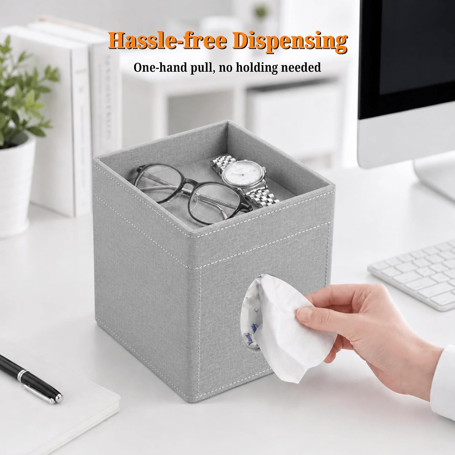 Storage Tray / Leather Tissue Box Cover / Grey