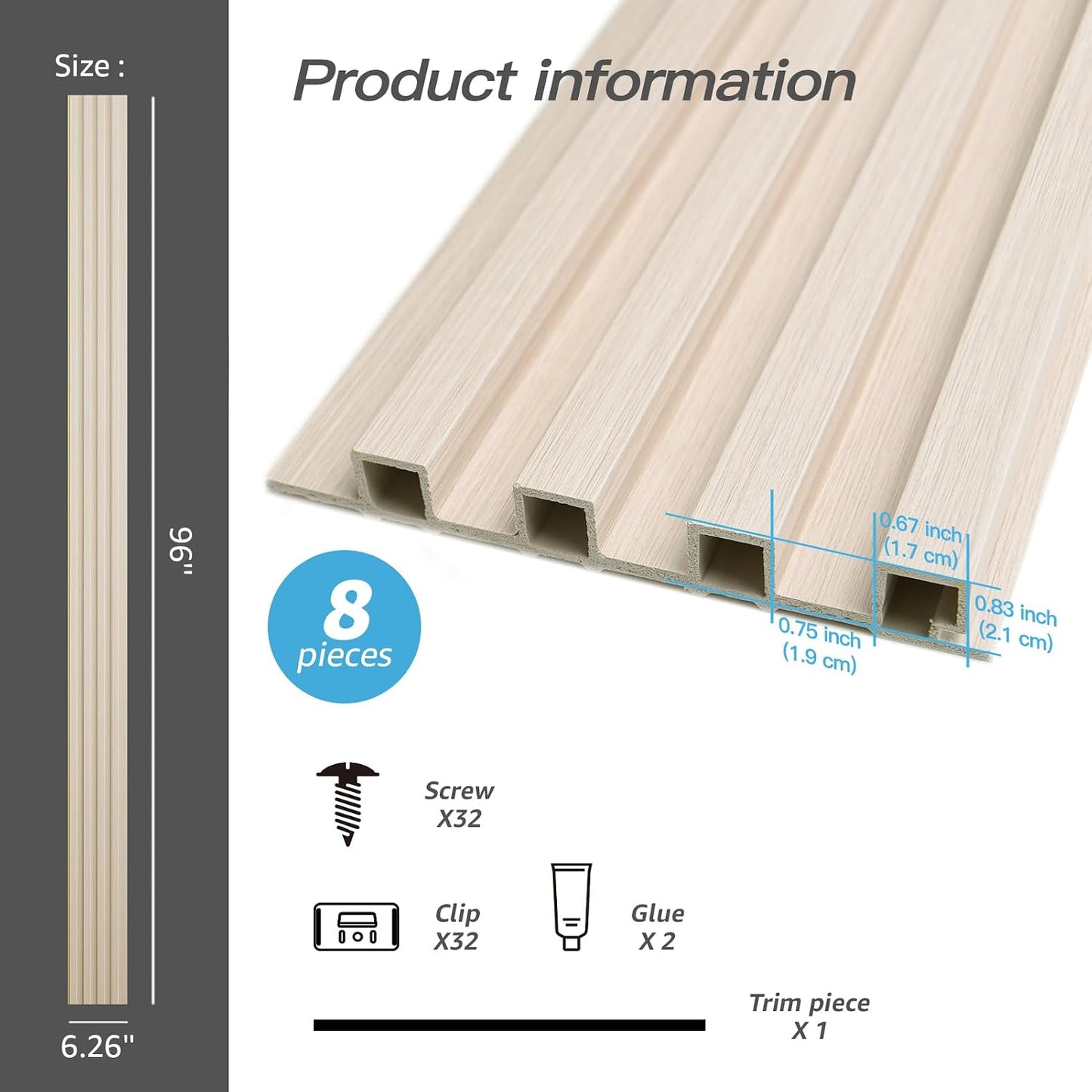Art3d 96" x 6" WPC Slat Wall Paneling for Interior Decor, 8-Pack, White Ash | Fluted Design, Durable, Moisture