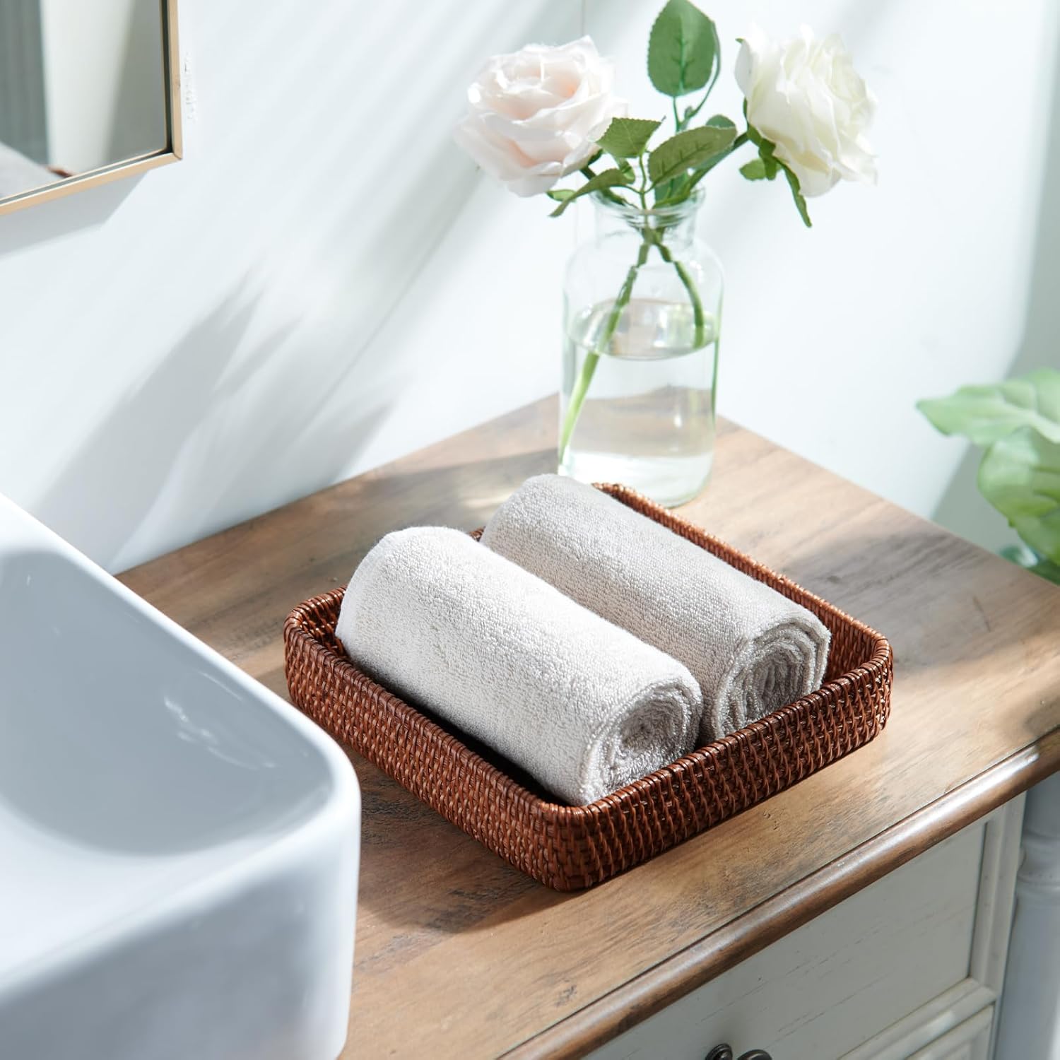 Rattan Tray / Rectangular Woven Tray / Dark Brown / Set of 3