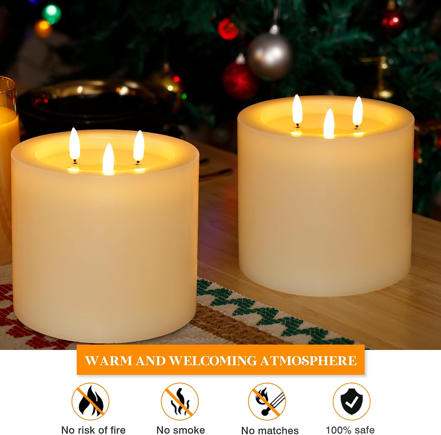 Extra Large Flameless Candles with 3 Wicks, 6"x6" Real Wax Battery Operated Candles with Remote and Timer, Flickering