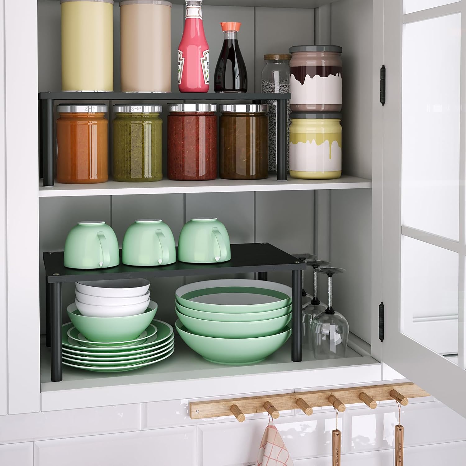 VERTORGAN 2 Pack Cabinet Organizer Shelf,Bamboo Countertop(Large,Black) | Kitchen Counter Shelves,Spice Rack Countertop