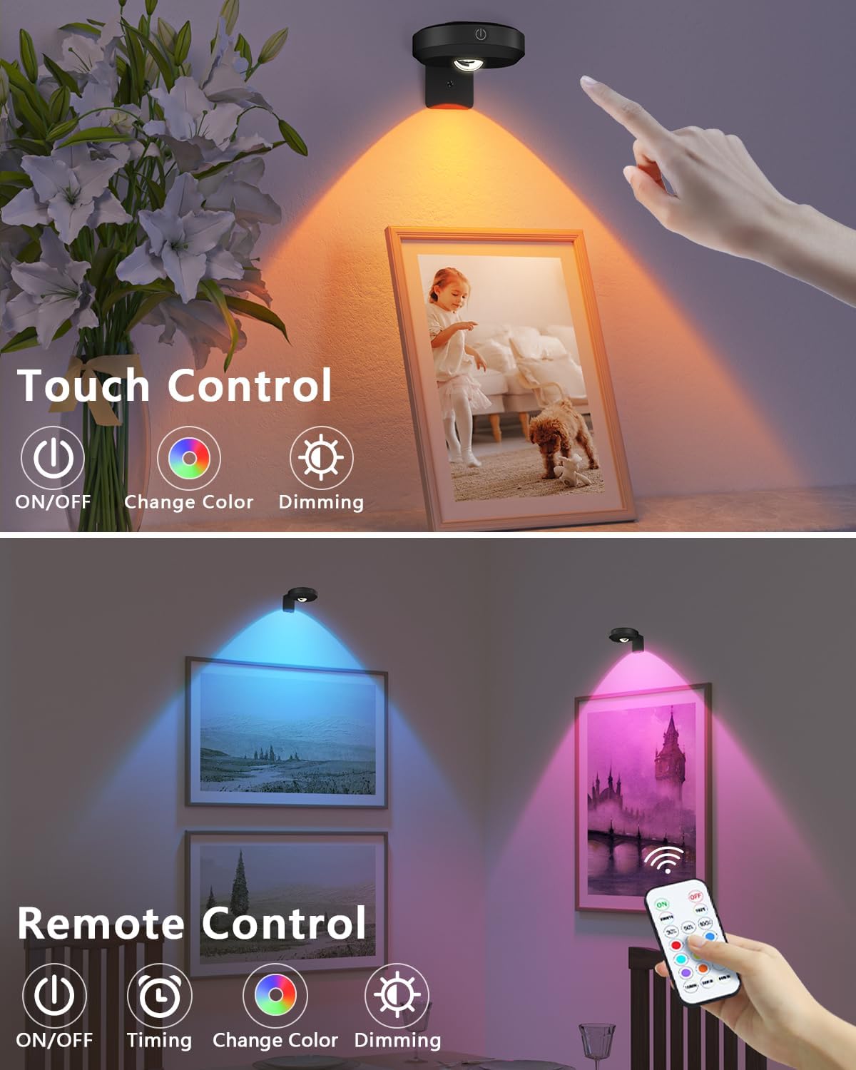 WILLED Rechargeable Lights for Pictures on Wall,RGB Puck Lights with Remote | 9 RGB Colors Poster Lights,Dimmable with