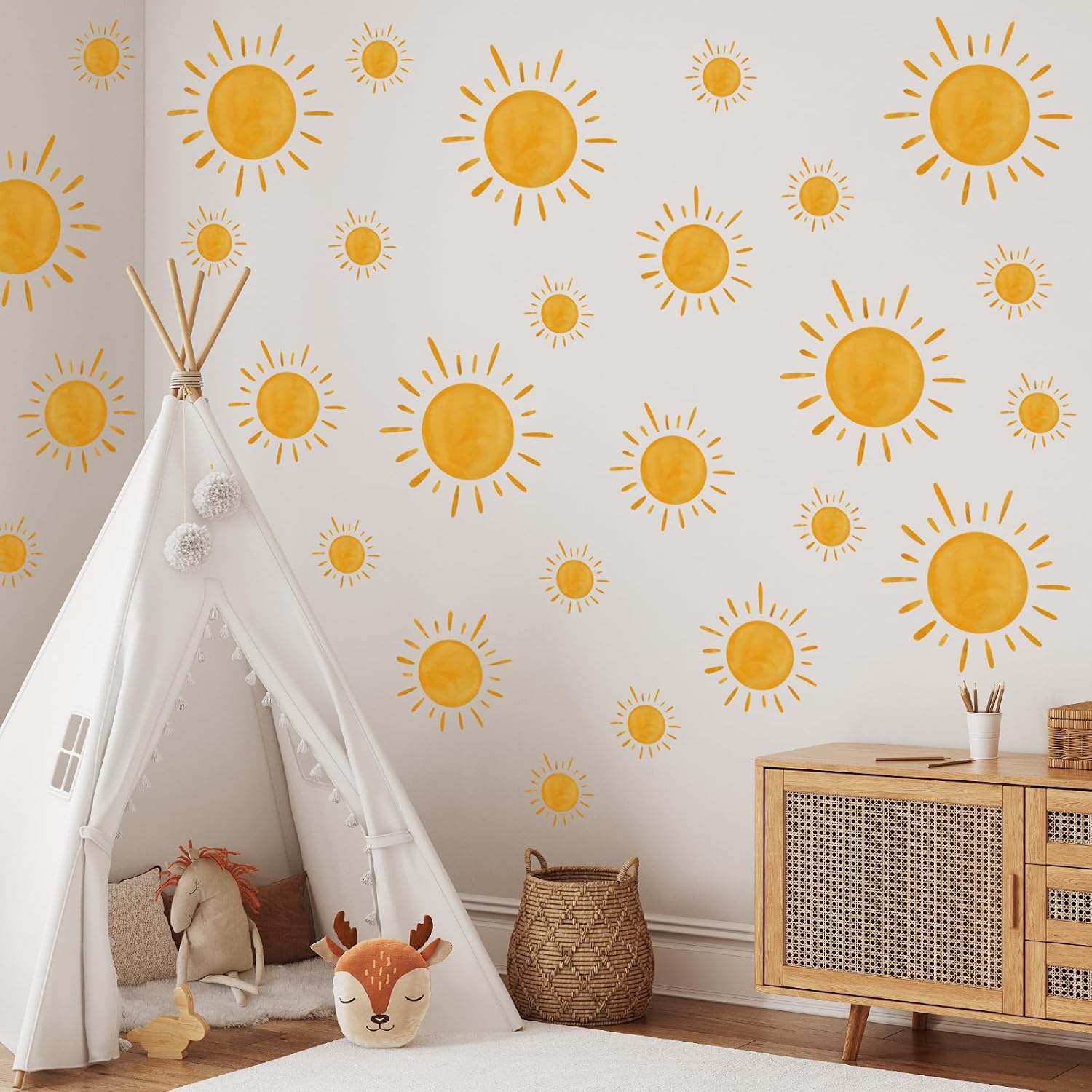 9 Sheet Boho Sun Wall Stickers Watercolor Sun Decals Sunshine Removable Self-Adhesive Wall / Yellow