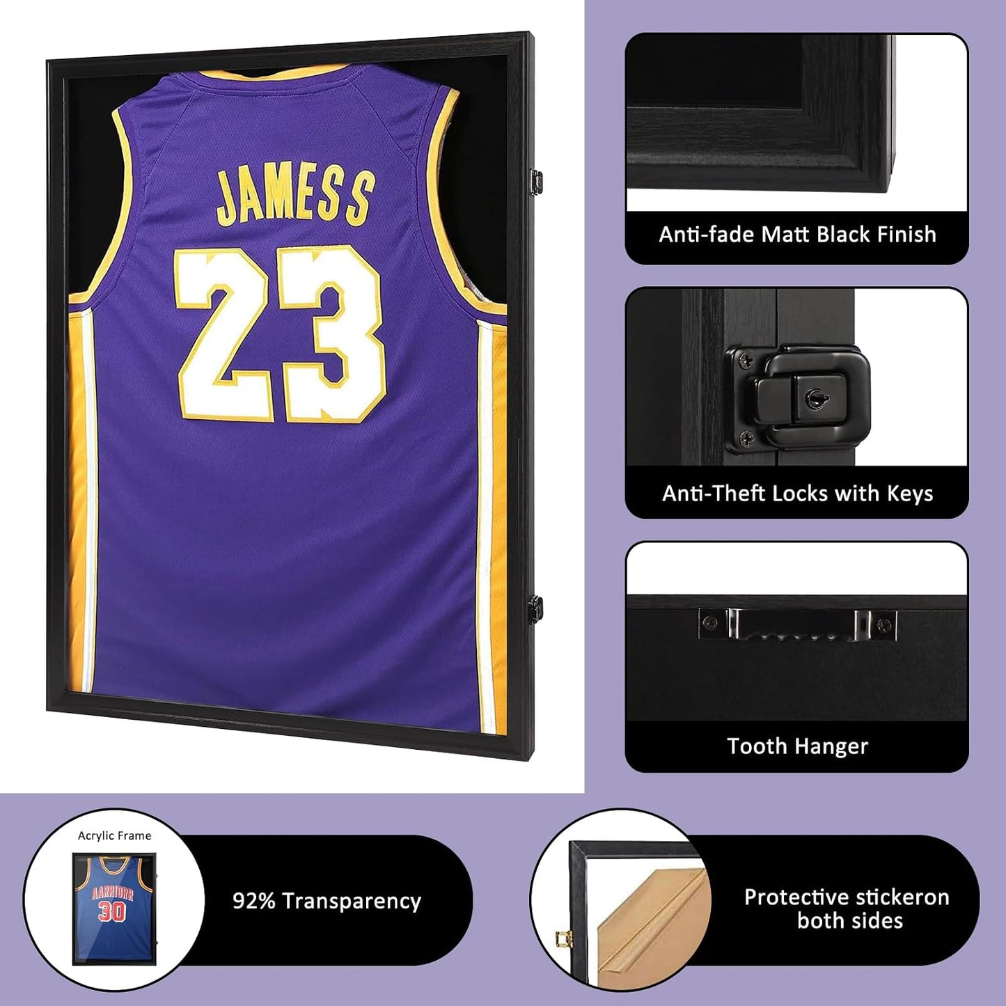 Jersey Frame Display Case, Black Locks Shadow Box Sports Jersey Frame with UV Protection Acrylic and 2 Hanger for