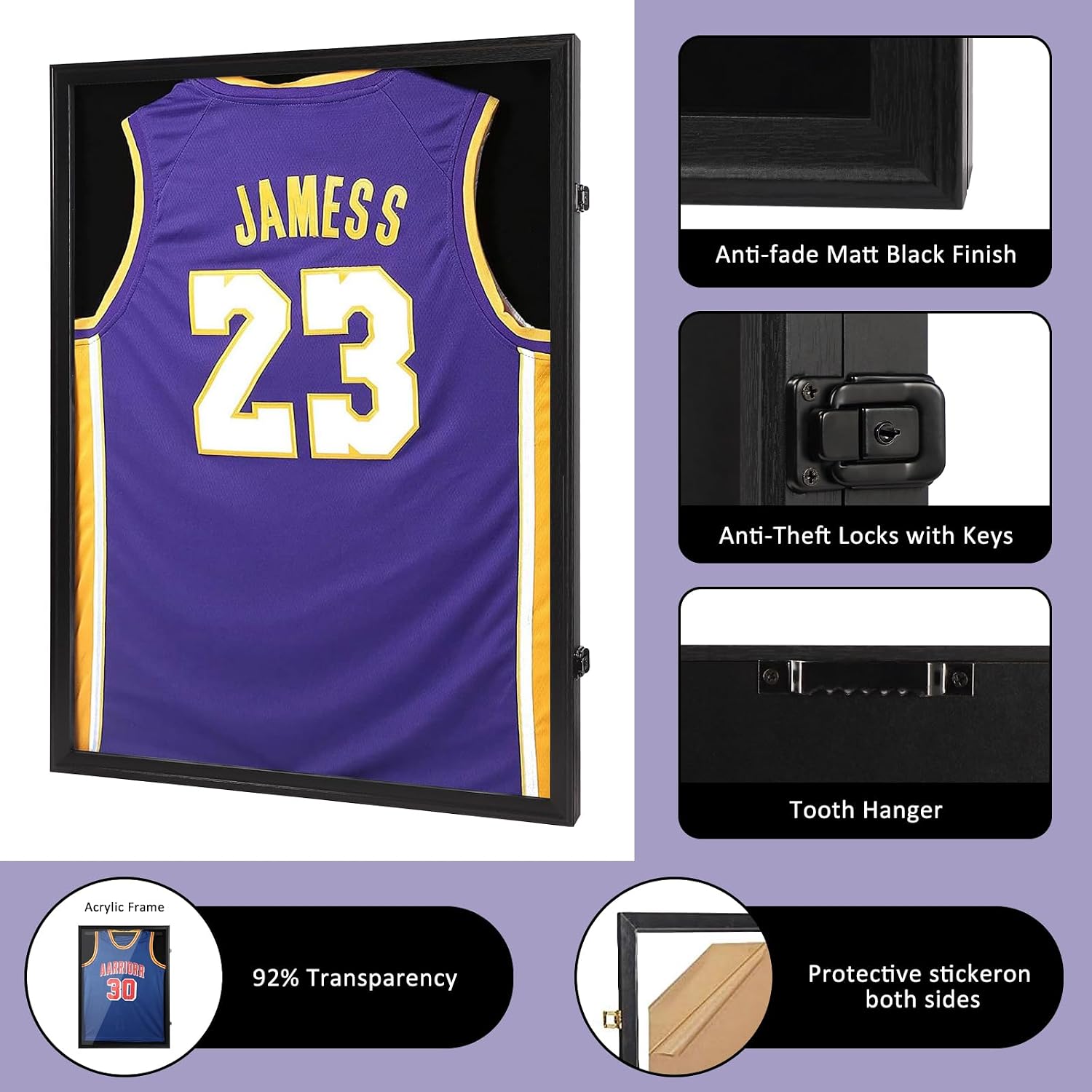 Jersey Frame Display Case, Black Locks Shadow Box Sports Jersey Frame with UV Protection Acrylic and 2 Hanger for