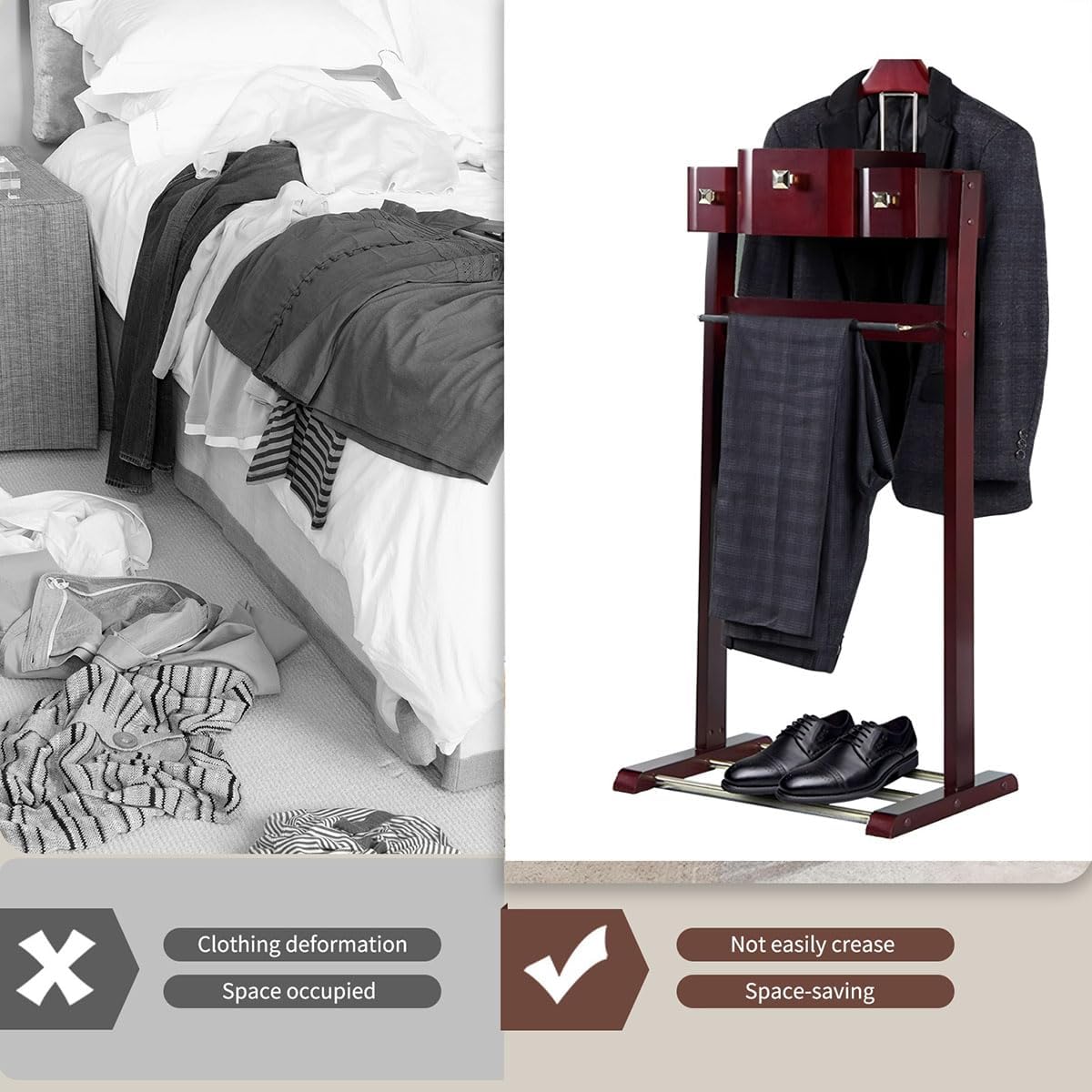 Wood Men Suit Valet Stand, with Belt Hooks Shoe Rack Multi-functional Coat Rack with Drawer Base Standing Clothes