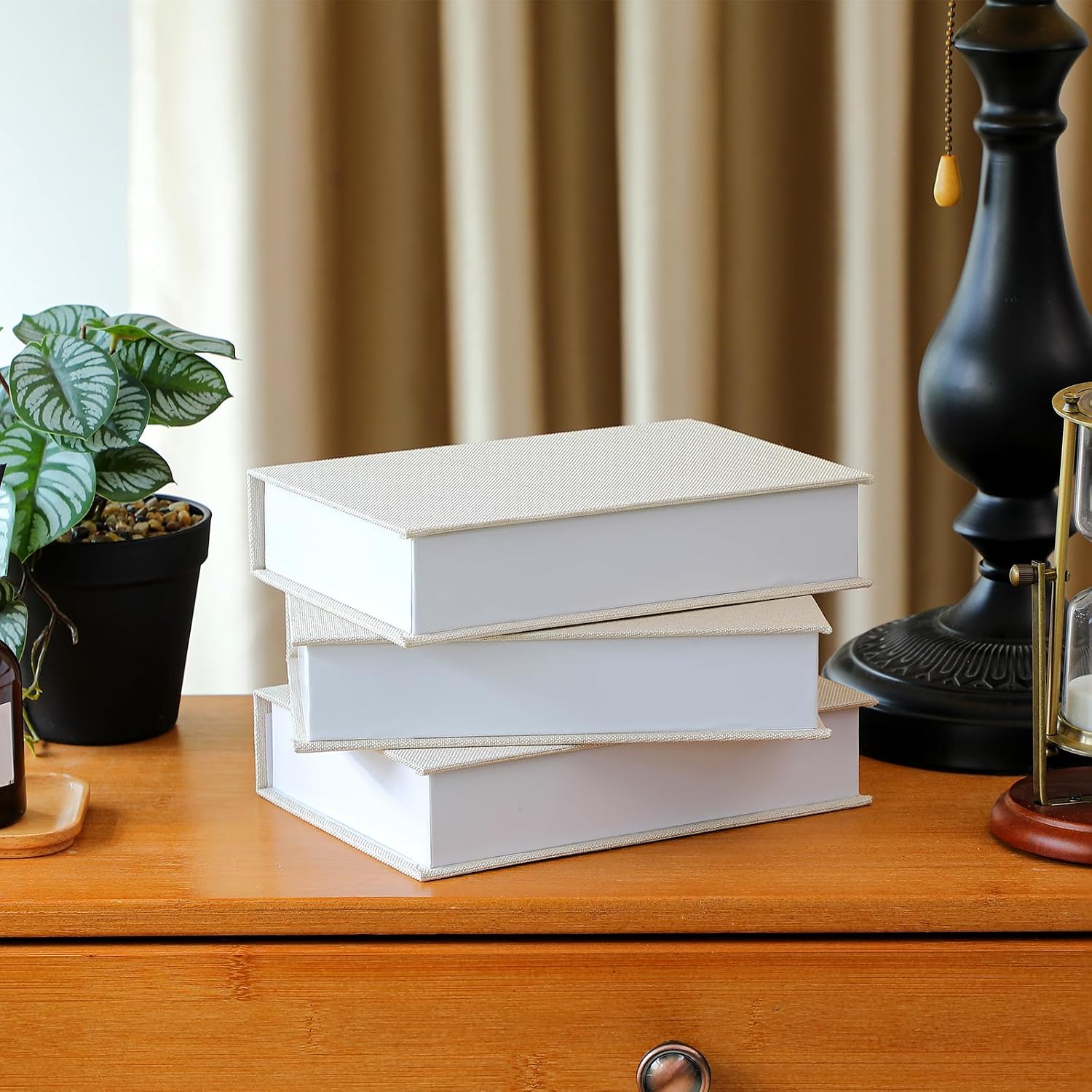 Fake Book Box Neutral Linen Book Box Decorative Faux Prop / 8.6 x 6.1 x 1.8 / Rice White / Set of 3