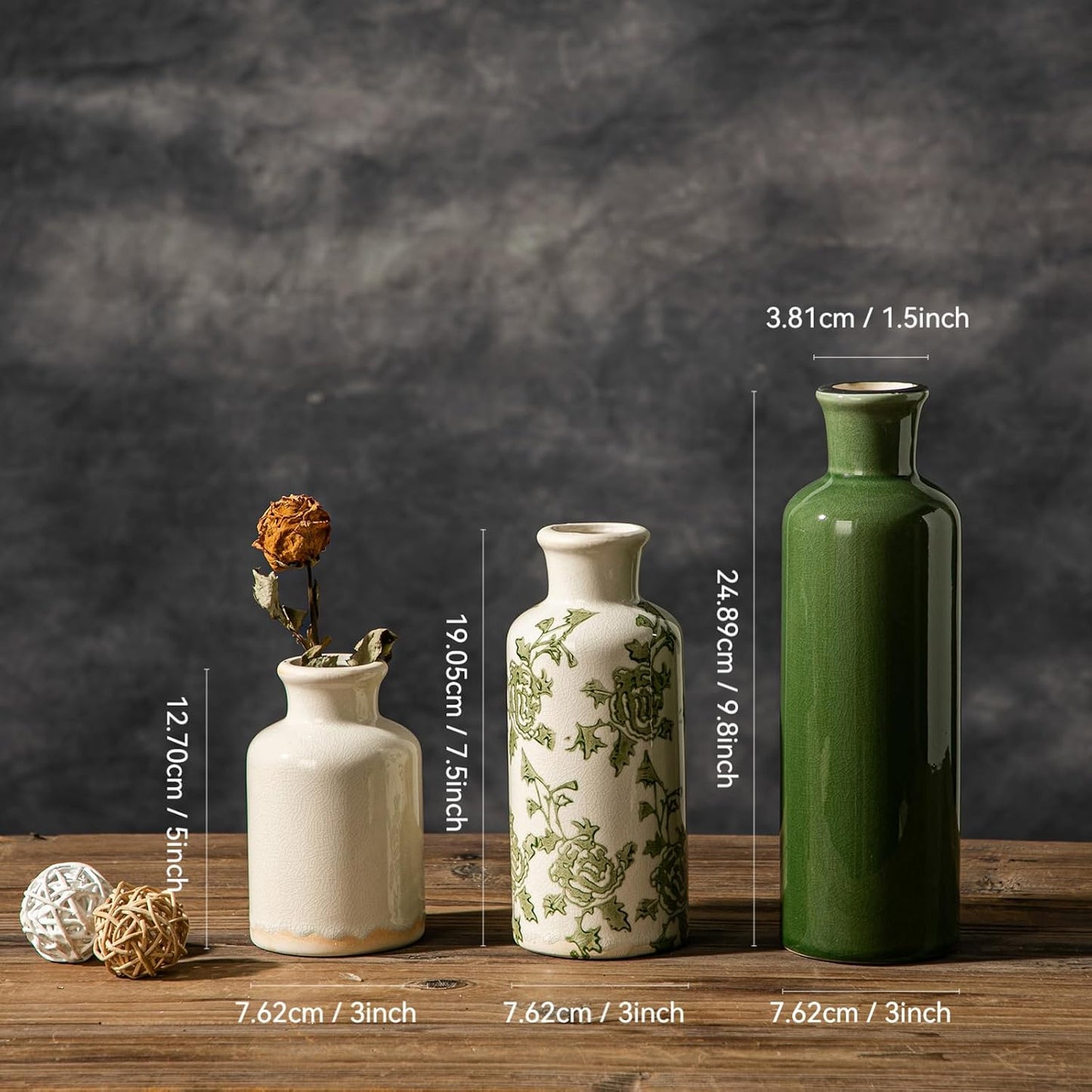 Rustic Ceramic Vase / Green-2 / Set of 3