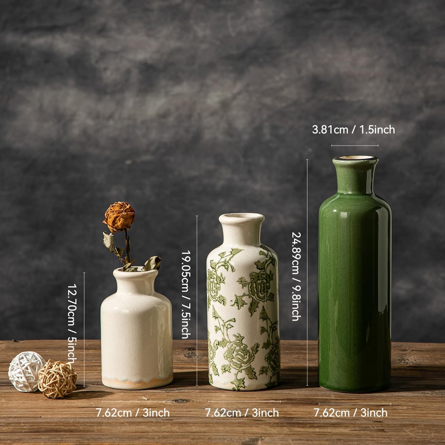 Rustic Ceramic Vase / Green-2 / Set of 3