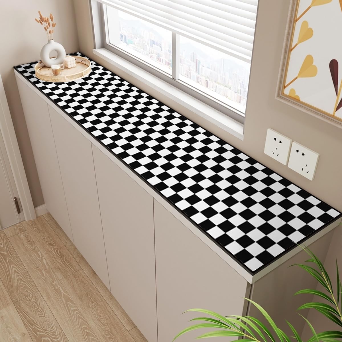 White Wallpaper Peel and Stick Checkered Contact Paper " Mosaic Checkered / 17.7 x 393.7 / Black