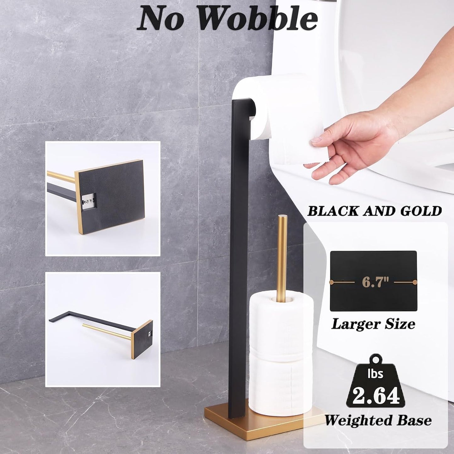 GERZWY Free Standing Toilet Paper Holder, SUS 304 Stainless Steel Toilet Paper Stand with Reserve (Black & Gold)