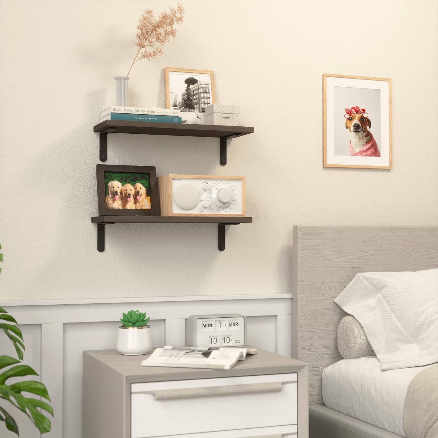 Rustic Wood Wall Shelves / Deep Brown / 16.54in / Set of 2