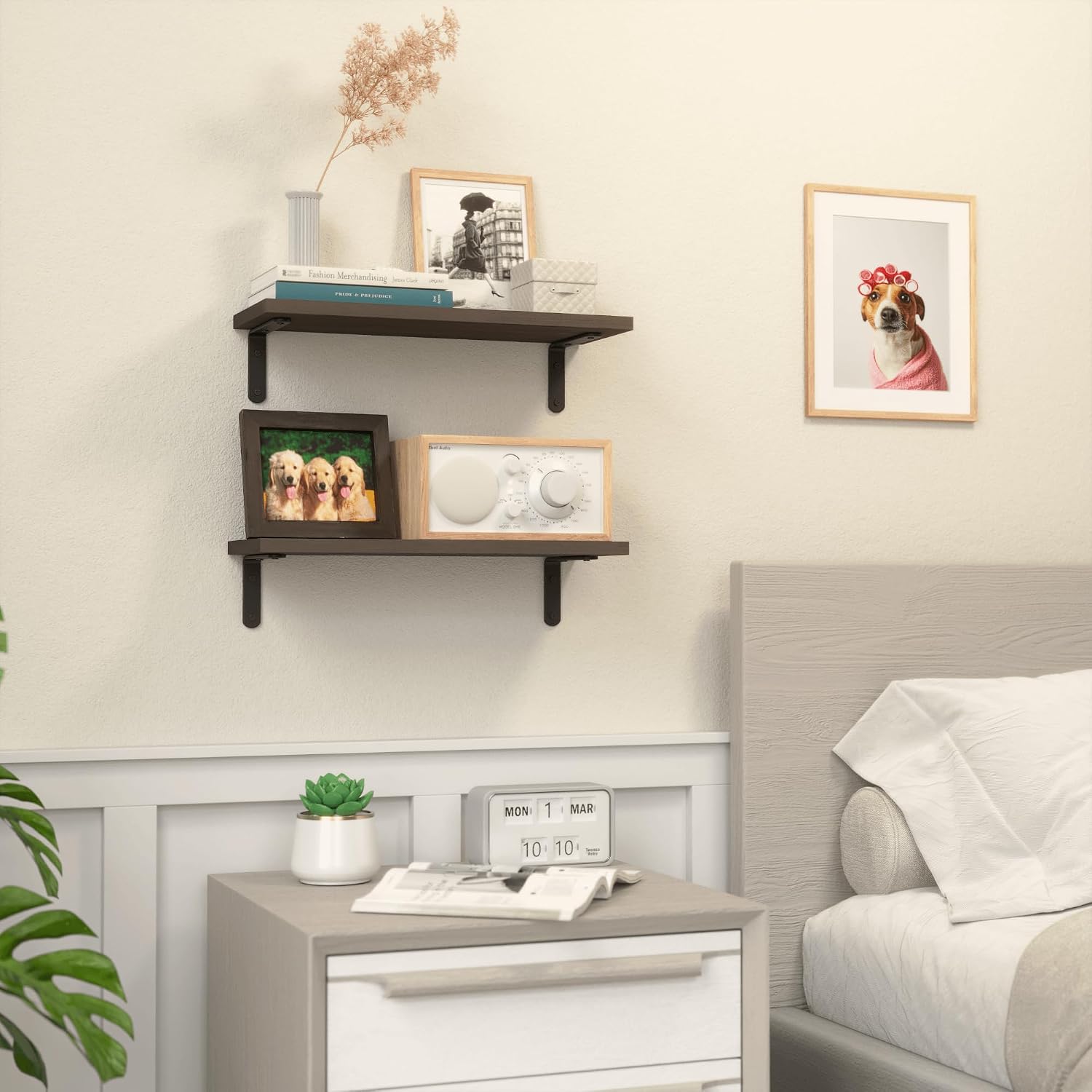 Rustic Wood Wall Shelves / Deep Brown / 16.54in / Set of 2