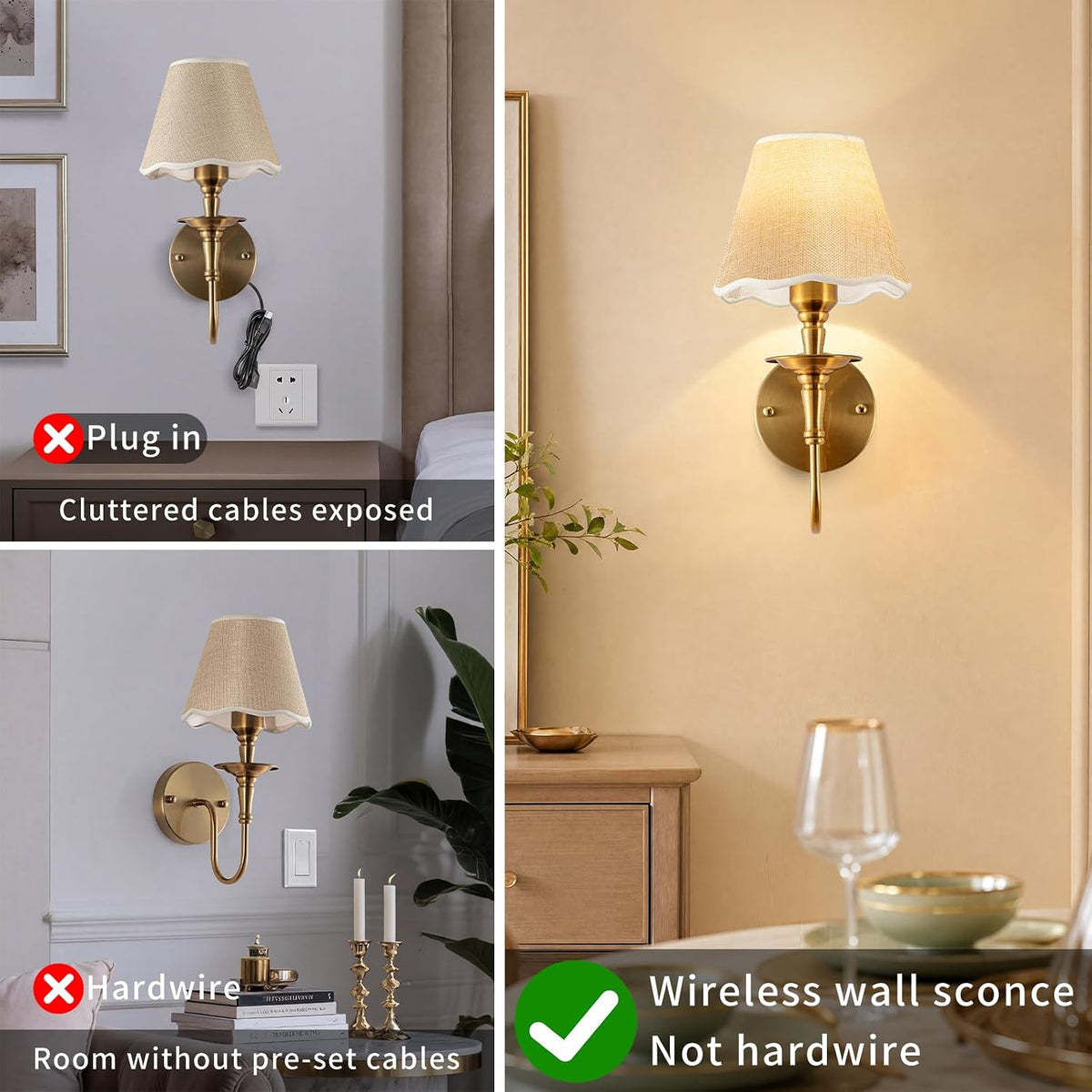 Battery Operated Wall Sconces Set of 2, Rattan Wall Sconce with RGB Rechargeable Dimmable Bulbs, Brass-Color Wireless