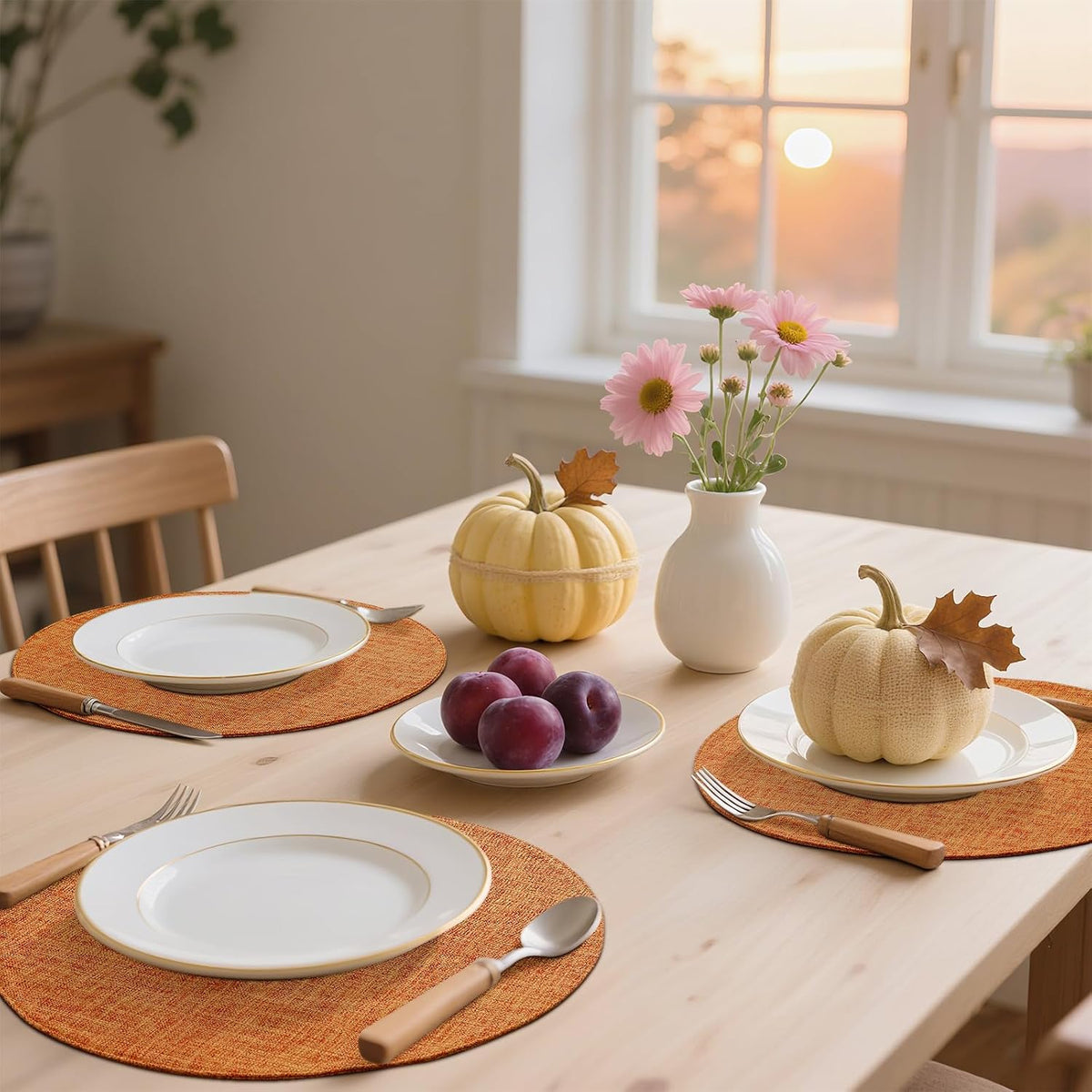 Cotton Linen 15 Inch Round Cloth Place mats, Set of 6, Orange | Washable Table Mats, Heat Resistant, Reversible