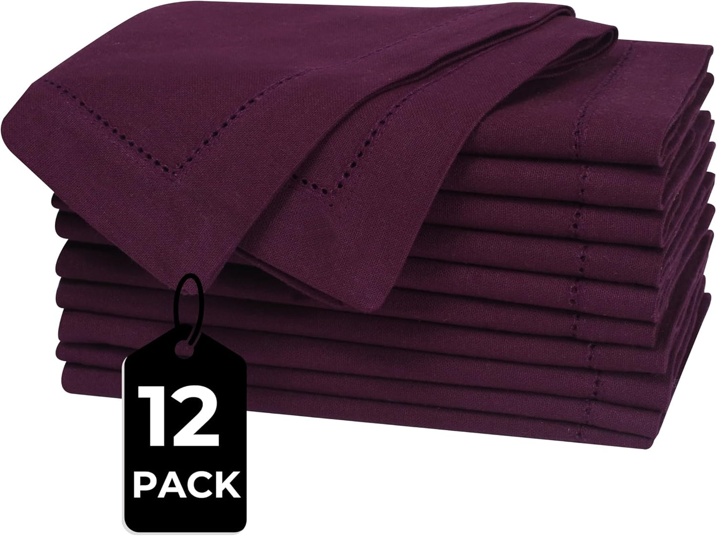 Bedding Craft Cotton Dinner Napkins Set of 12, 18x18, hemstitched, Plum | Machine Washable Soft Fabric Napkins for