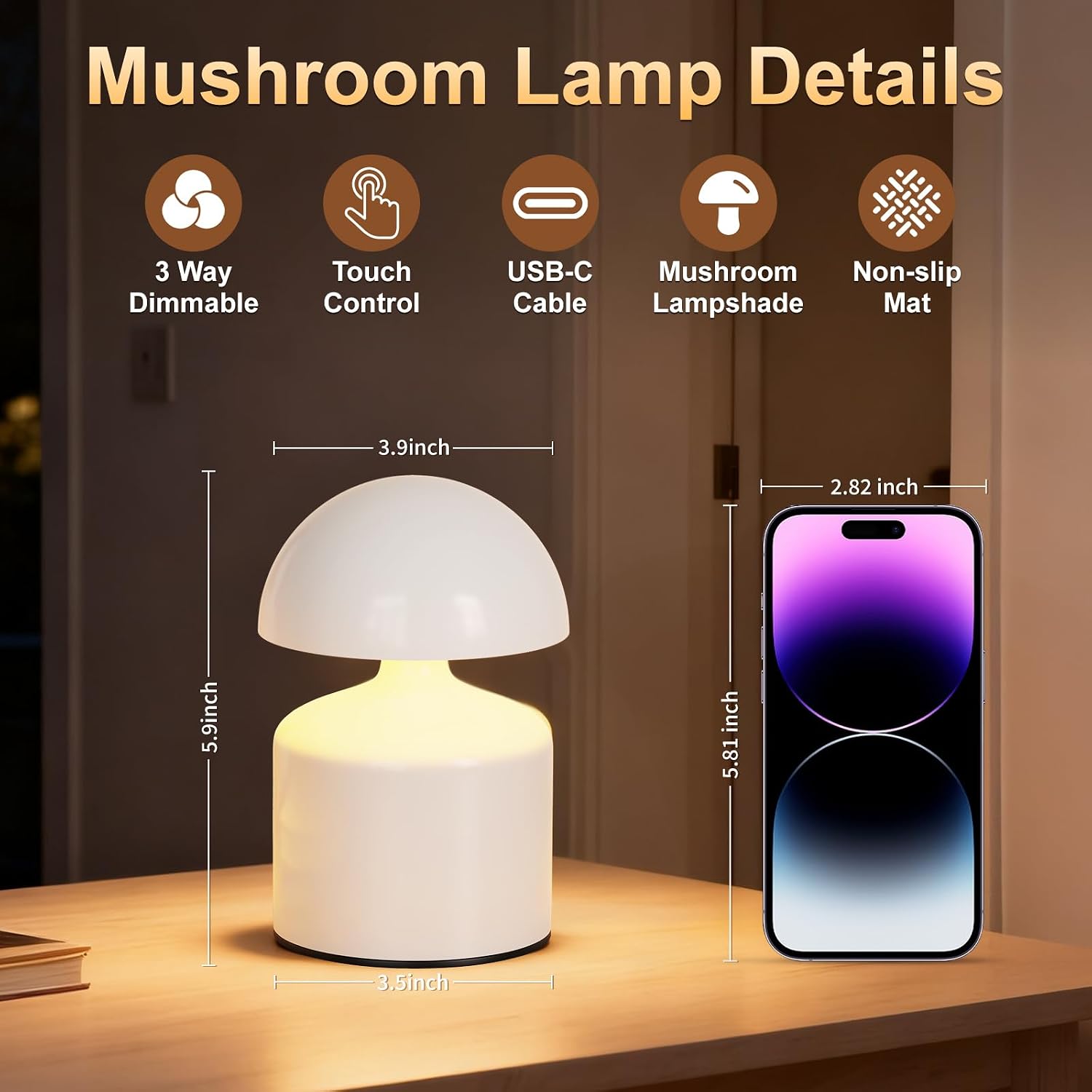 SAIWEYA Modern Cordless Mushroom Small Table Lamp, Dimmable Touch Battery | 3-Way Dimmable, Mini Rechargeable LED Desk
