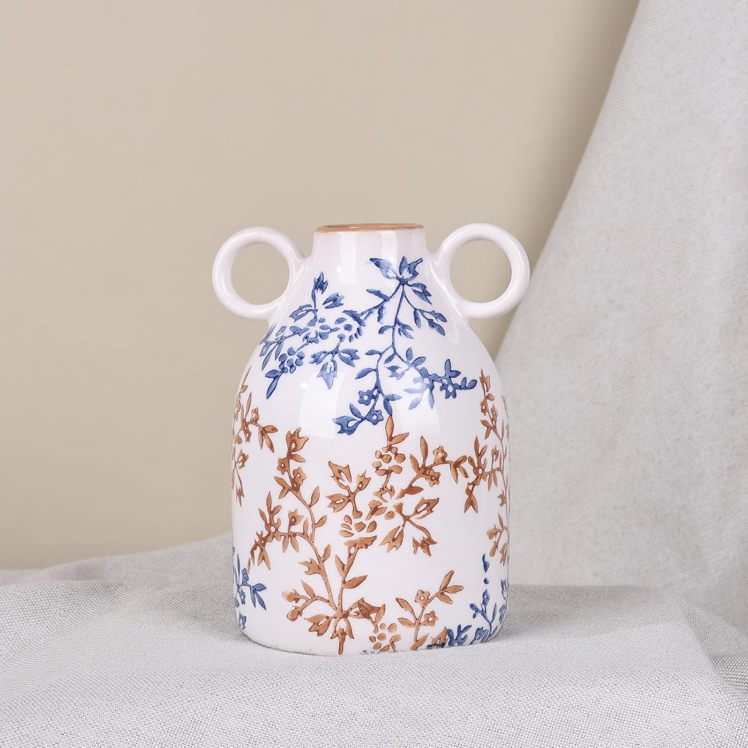 Ceramic Vase / Nordic Boho Small Vases Side Table Flower Centerpiece / Blue Floral