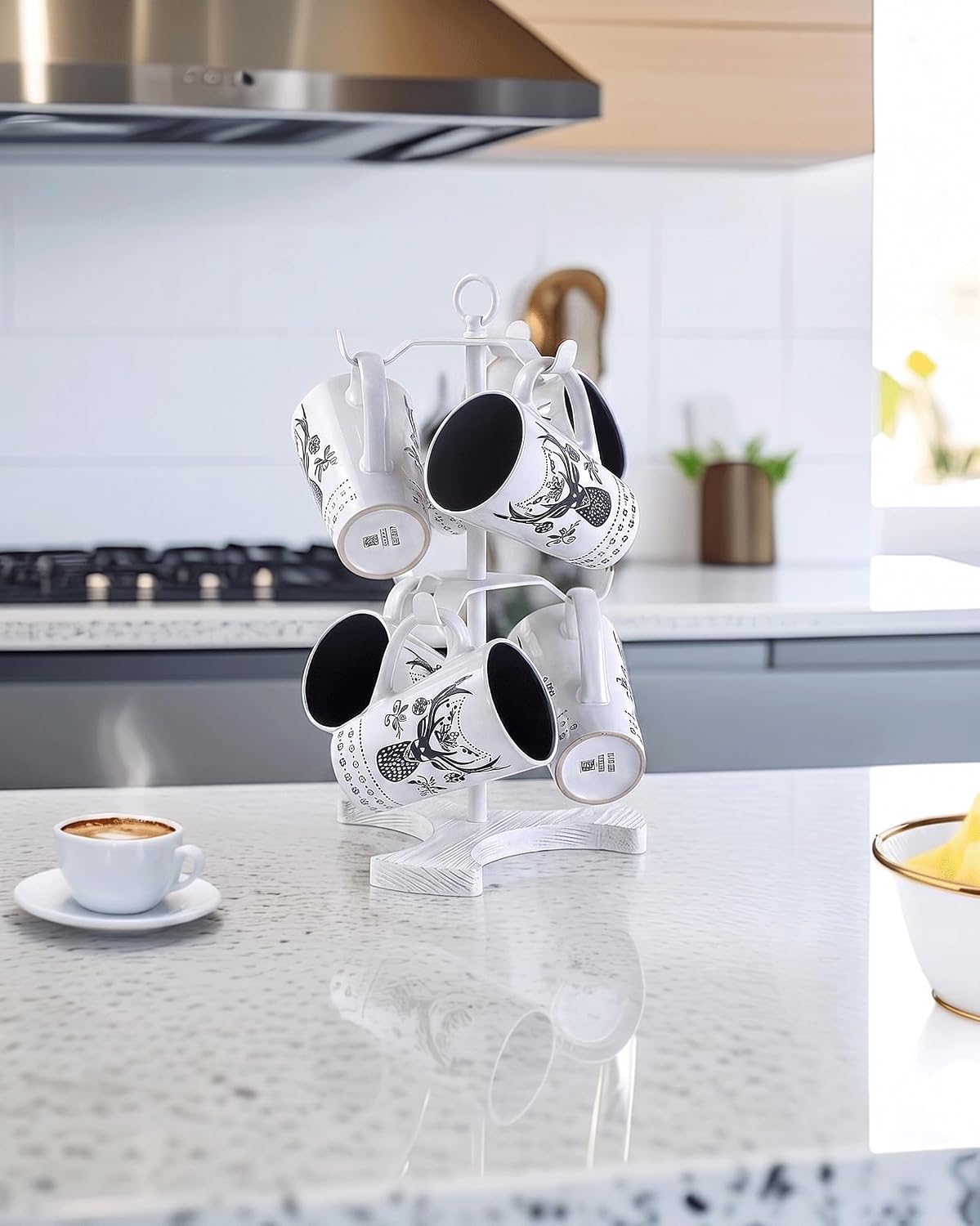 2-Tier White Coffee Mug Holder for Countertop, Mug Tree with 6 Spaced Hooks for Large Mugs, Metal Coffee Cup Rack with