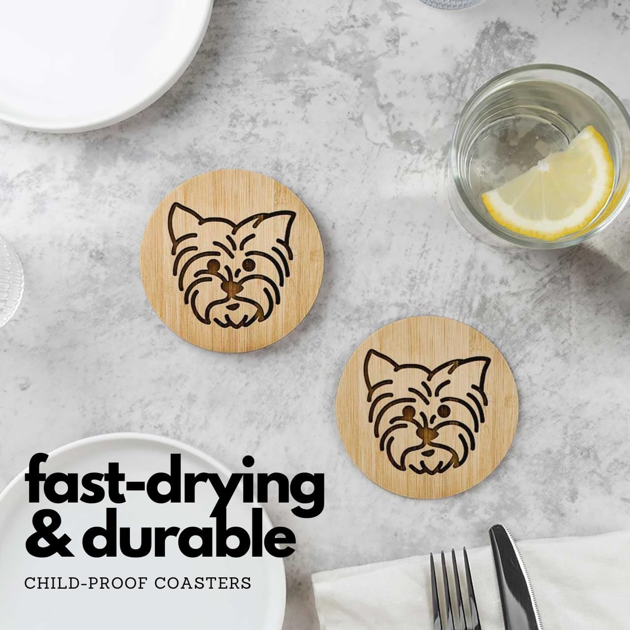 Iron Holder / Bamboo Laser-Engraved Fun Dog Coasters / Yorkie / 3.9 Inch / Set of 6