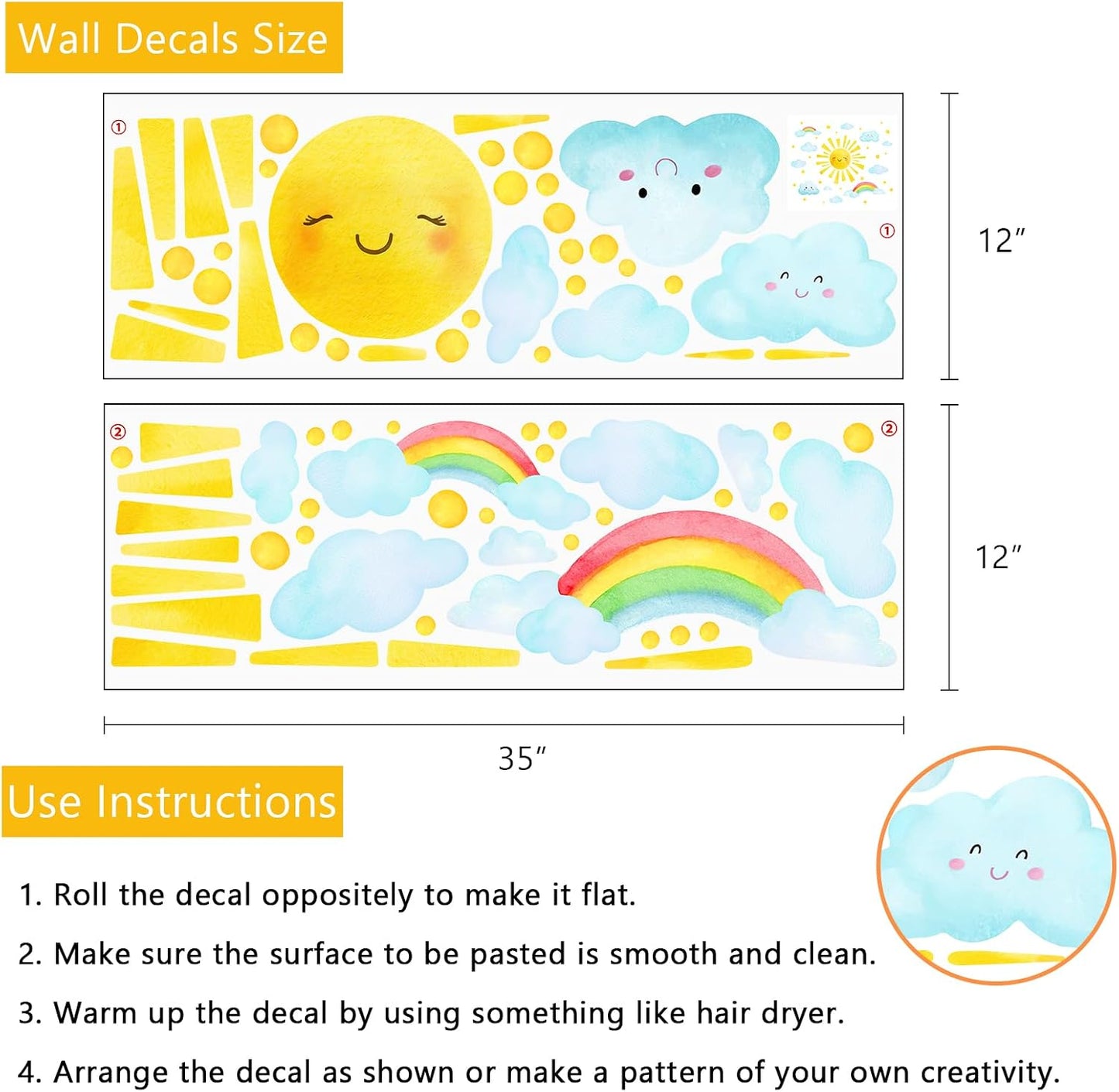 Watercolor Smile Wall Decals Stickers / Sun