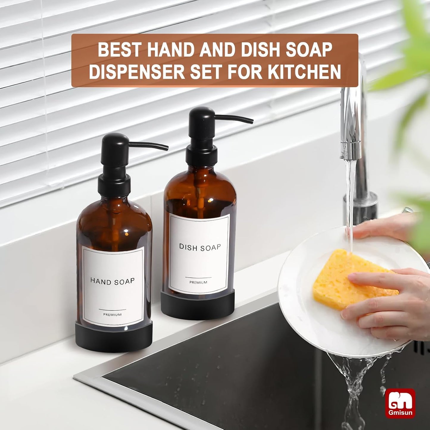 GMISUN Amber Glass Soap Dispenser with Silicone Sleeve Boot, 2 Pack Bathroom Hand Soap Dispensers with Pump, 17 Fl Oz