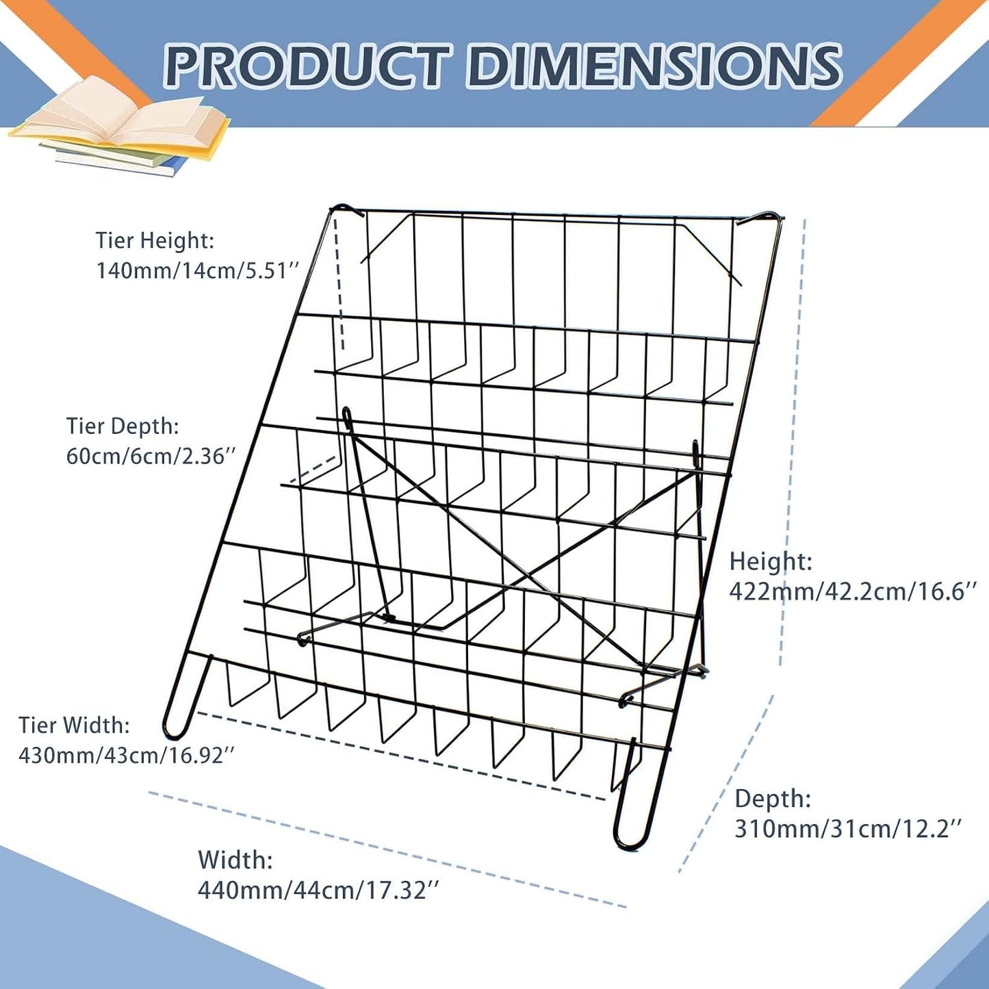 Wire Magazine Rack with 4 Open Tiers Book Signing Rack Tabletop Display Stand Holds Both Magazines and Brochures