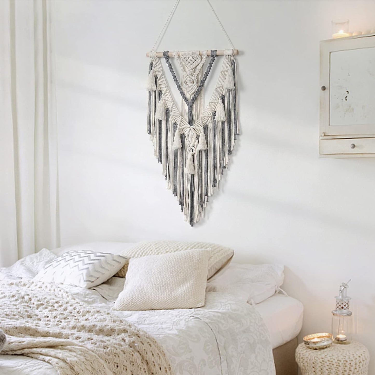 Macrame Woven Wall Hanging Boho Geometric Woven Tapestry Beige & Cotton Handmade Bohemian Art / Grey
