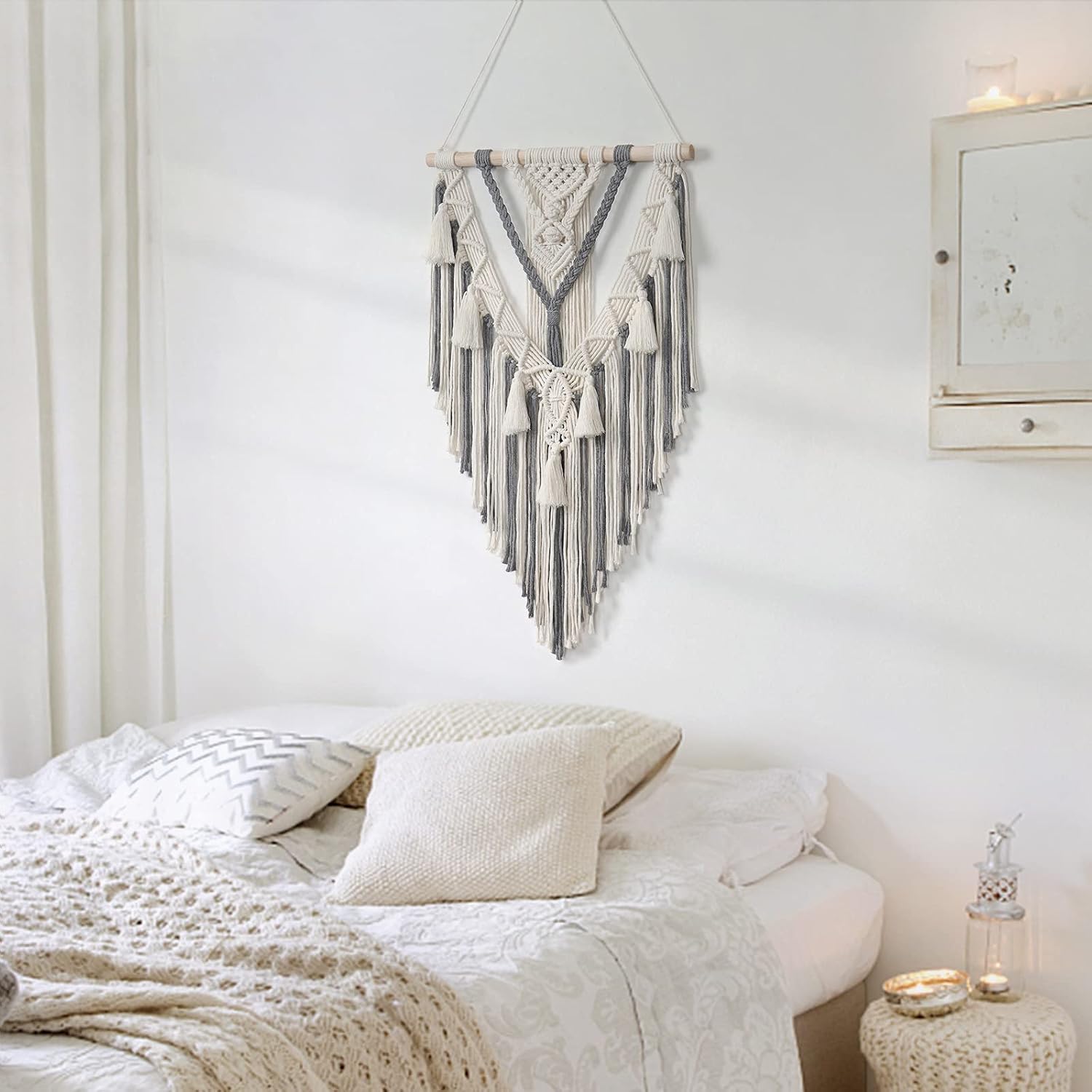 Macrame Woven Wall Hanging Boho Geometric Woven Tapestry Beige & Cotton Handmade Bohemian Art / Grey