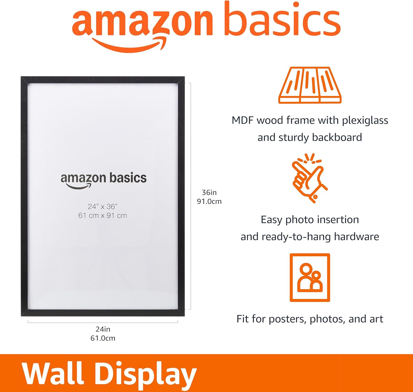 Amazon Basics Rectangular Wood Poster Frame, 24" x 36", Black