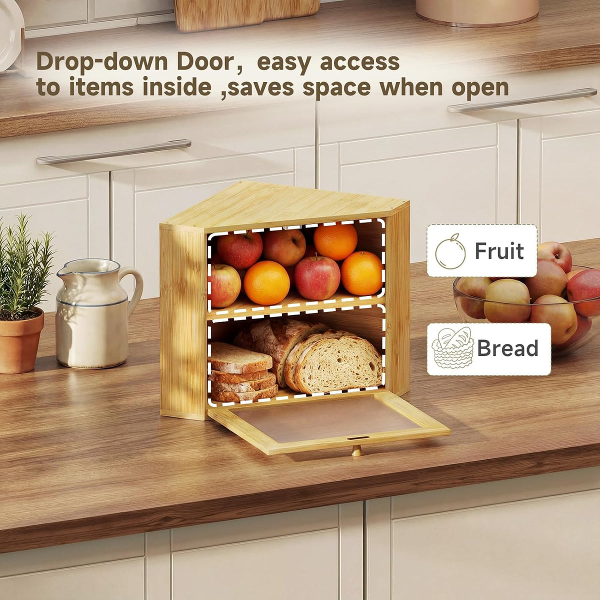 Bread Box for Kitchen Corner Countertop,Large Bread Basket (Natural,Large) | Double Layer Bamboo Bread Storage