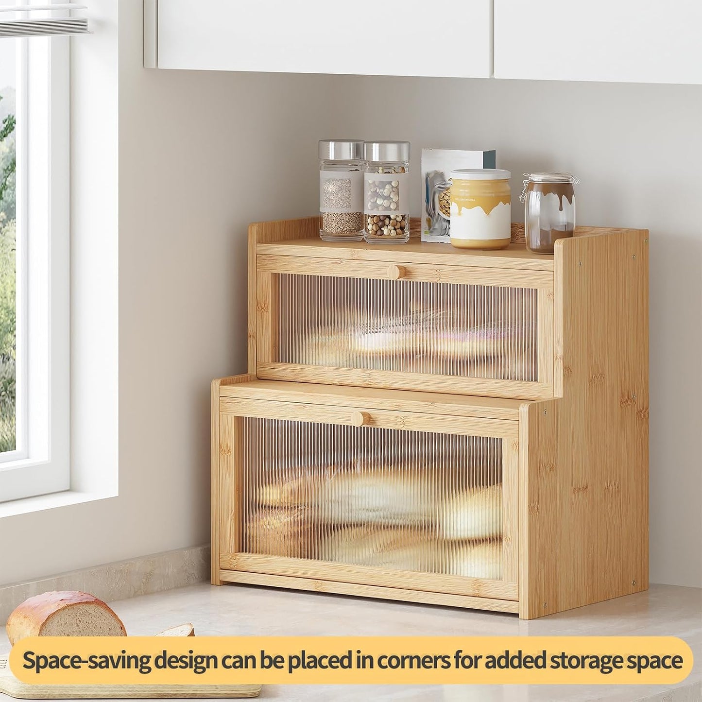 Double Layer Bamboo Bread Box for Kitchen Counter,Bread Holder,Countertop Bread Storage with Window (Natural)