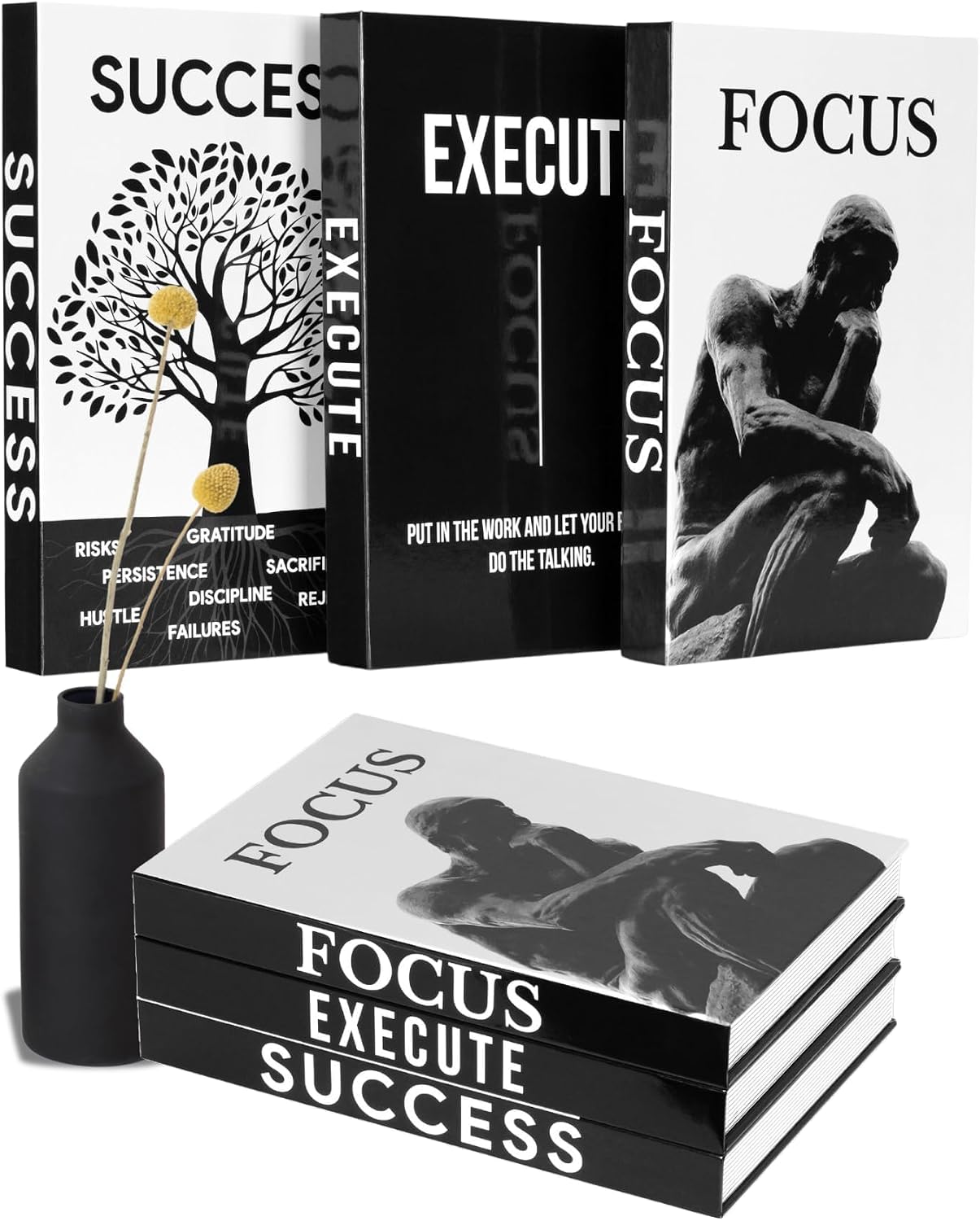 Motivational Desk Décor Decorative Books for Modern Home Office Decor Shelf / Black / Set of 3