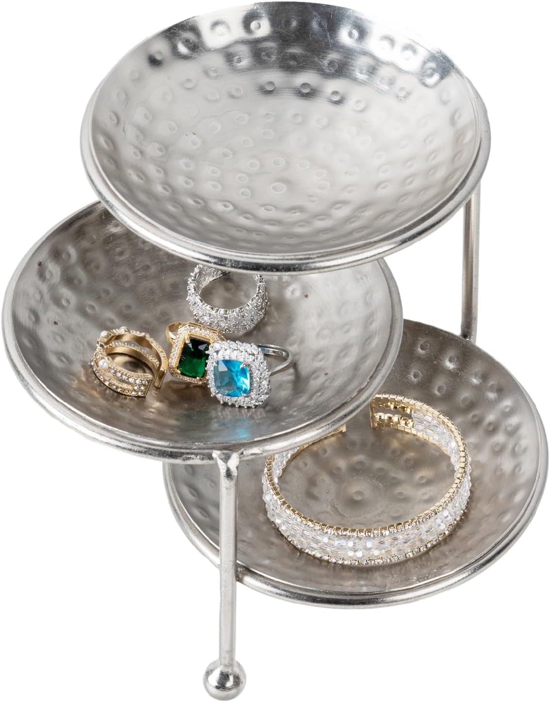 Hammered Silver Metal Dishes and Stand / Silver, 3 Tier / 4 Inch