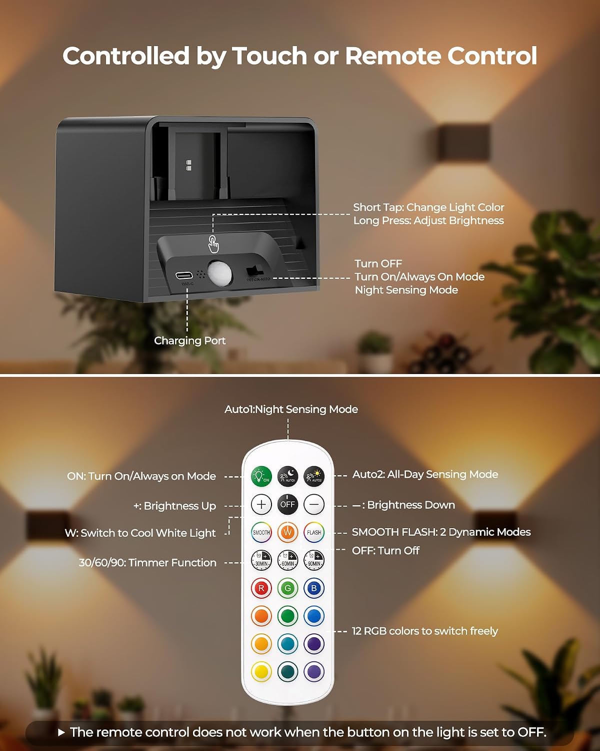 iMaihom Motion Sensor Wall Lights with Remote, 5000mAh Rechargeable Battery Operated Wall Sconces, Wireless Indoor Up