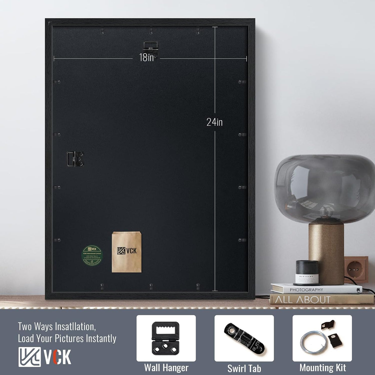 VCK 18x24 Frames - Black, Wide Border Solid Wood Poster Frame, Display Pictures in Horizontal and Vertical, for Home