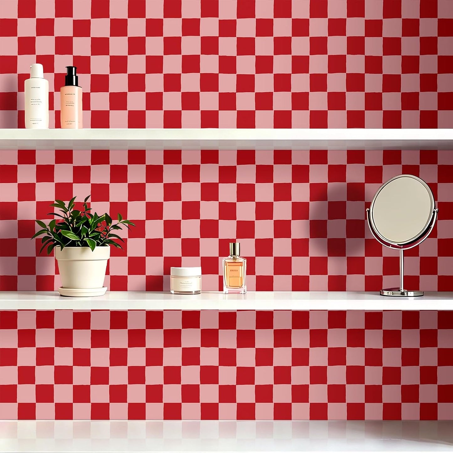 Checkered Wallpaper Peel and Stick Dark Pink Contact Paper Waterproof / 17.5 x 80 / Red Checkered