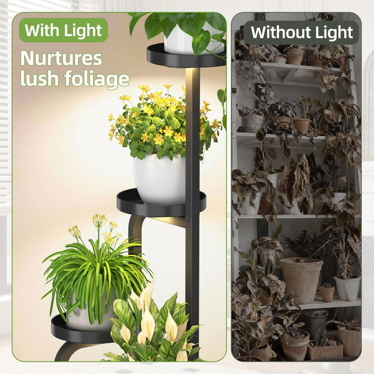 iDavosic.ly Tall Plant Stand Indoor with Grow Lights & Metal Trays, Brown | 4 Tier Corner Tiered Multiple Flower Holder