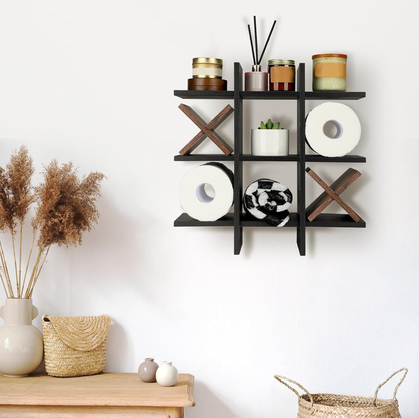 Weysat Tic Tac Toe Toilet Paper Holder,Black, Dark Brown | Farmhouse Bathroom Decor, Freestanding or Wall Mount Storage