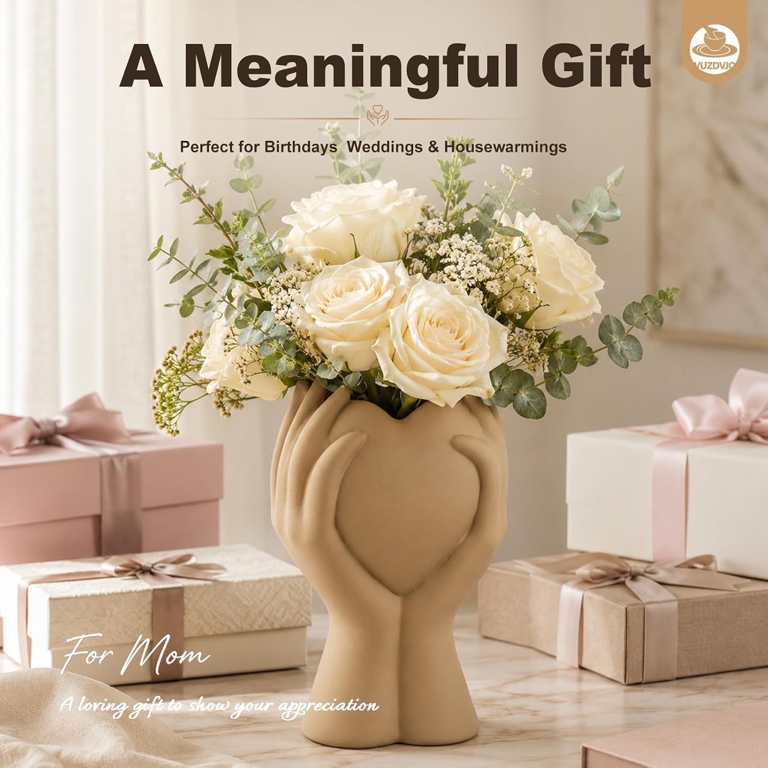 Heart Hand Ceramic Vase / Brown / 8 Inch