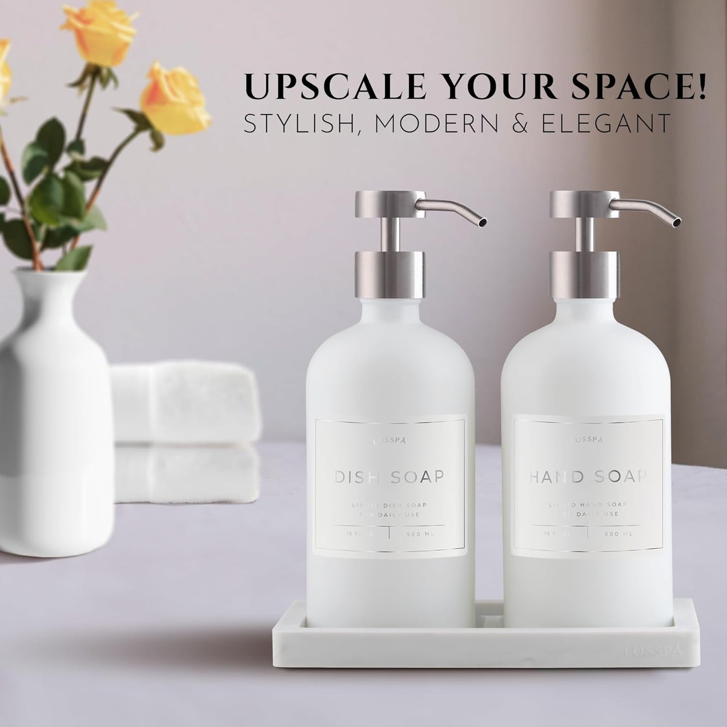 Glass Soap Dispenser Set of 2 (White) with Silicone Tray | Hand and Dish Soap Dispenser for Kitchen and Bathroom | 16.8